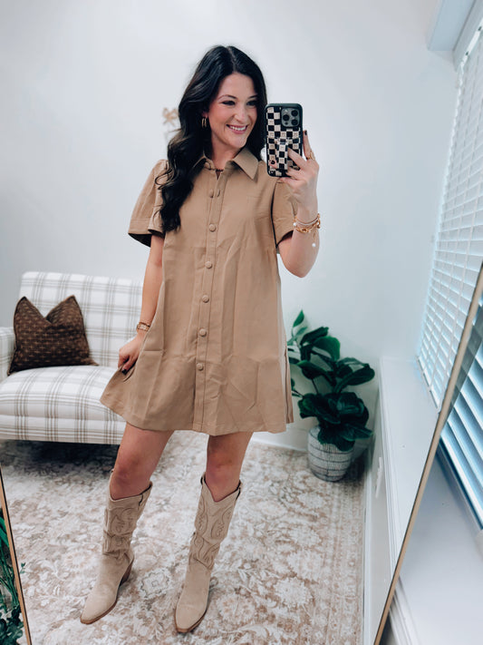Lane Taupe Button Mini Dress