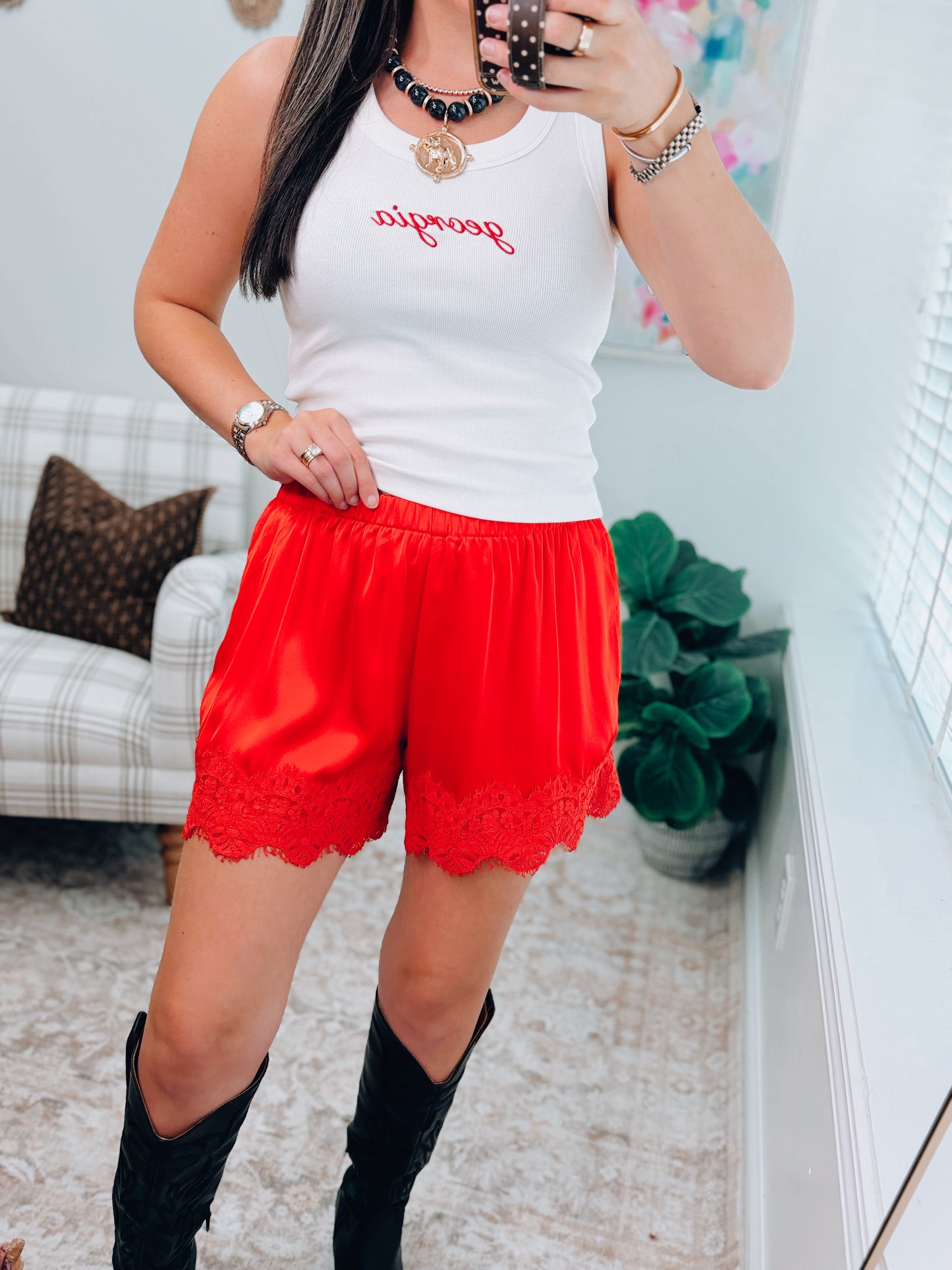 Satin Lace Shorts - Red