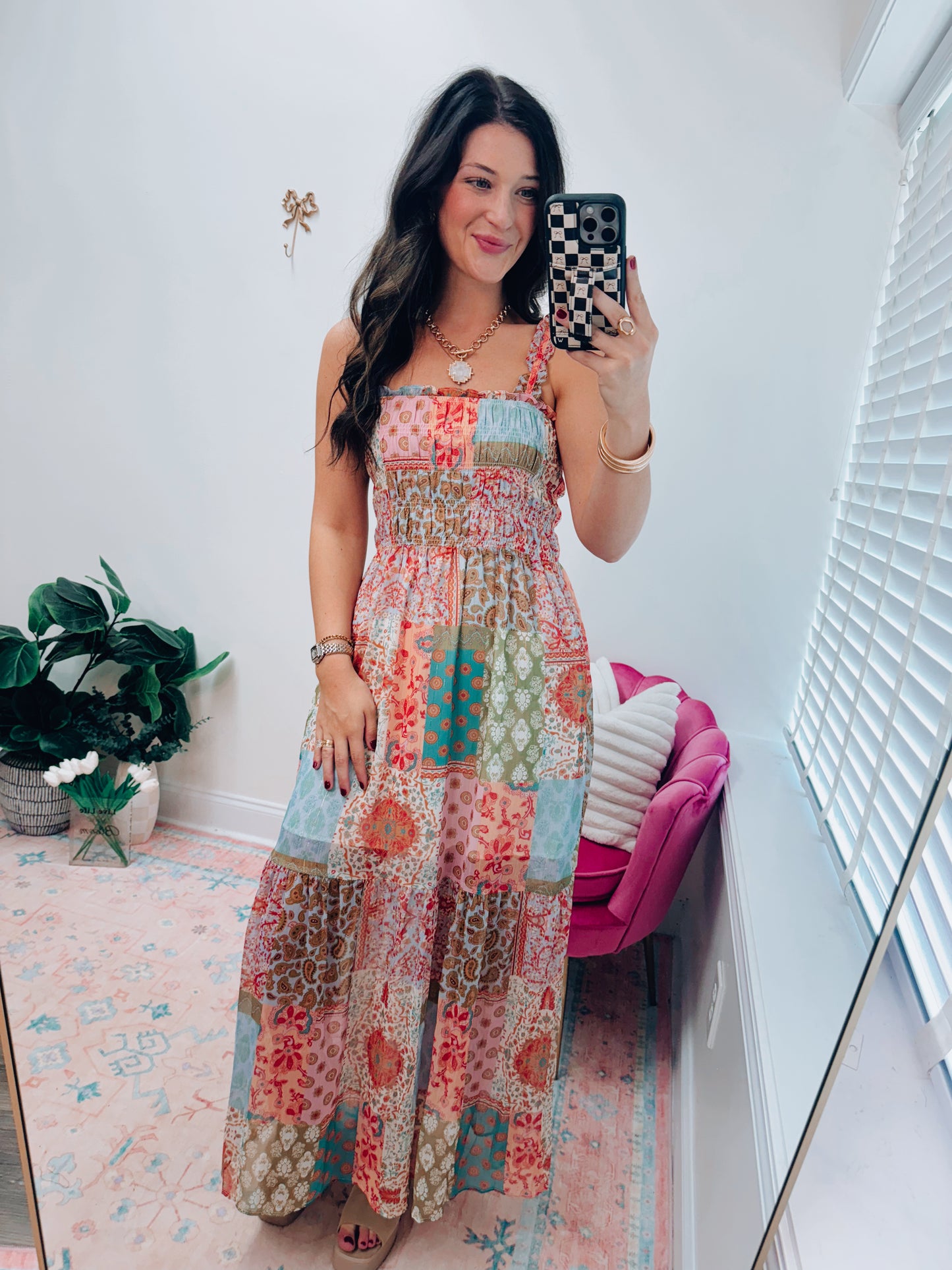 CURVY Fall Patchwork Smocked Maxi Dress