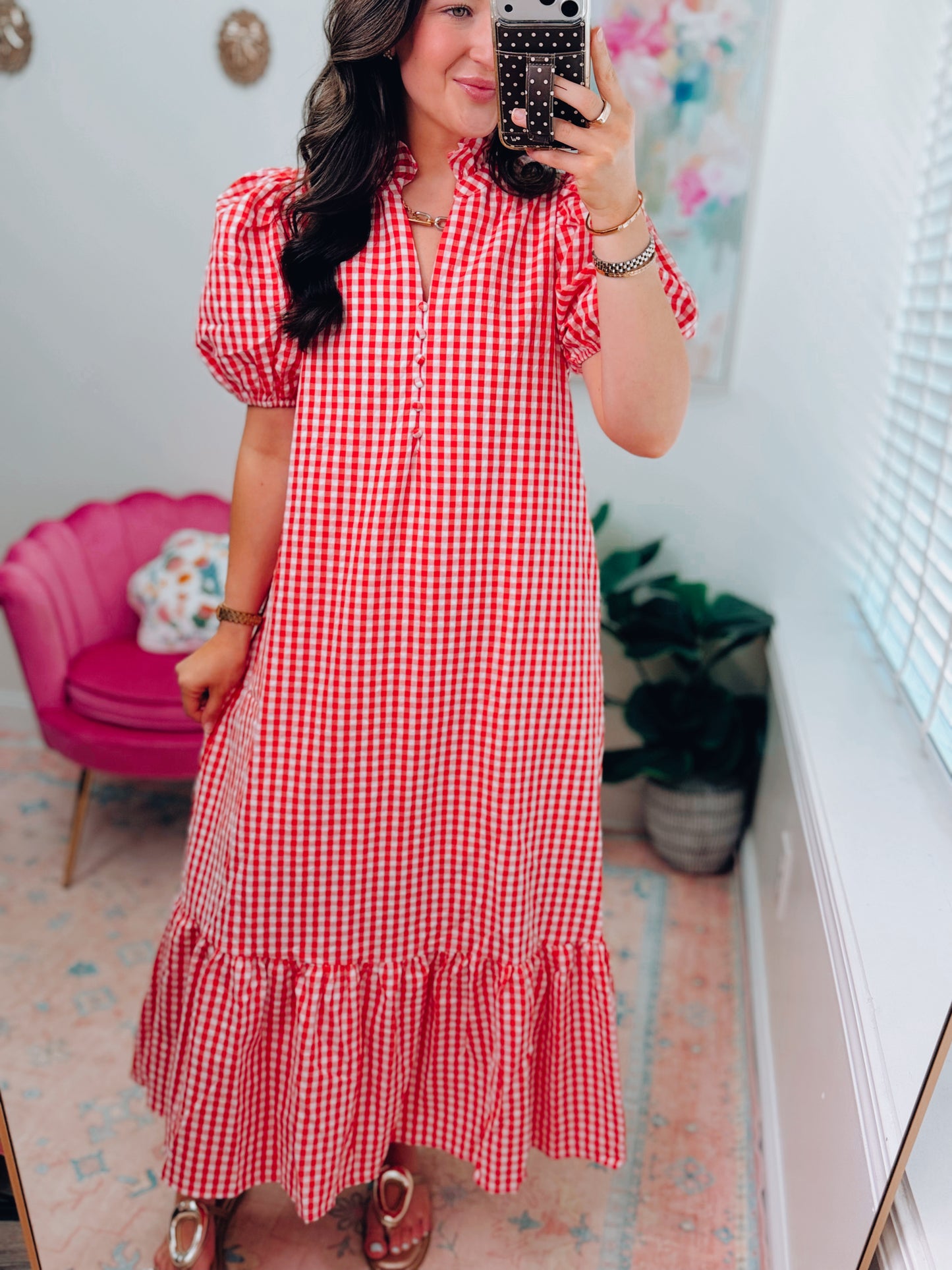 Red Gingham Midi Dress