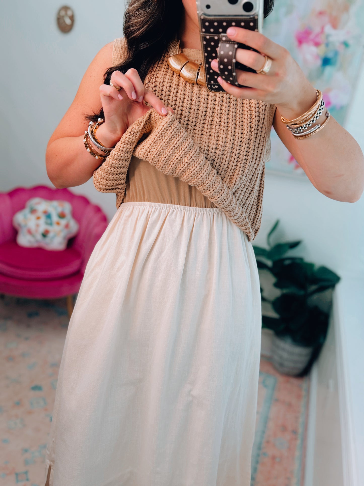 Mix Media Chunky Knit Mocha Midi Dress