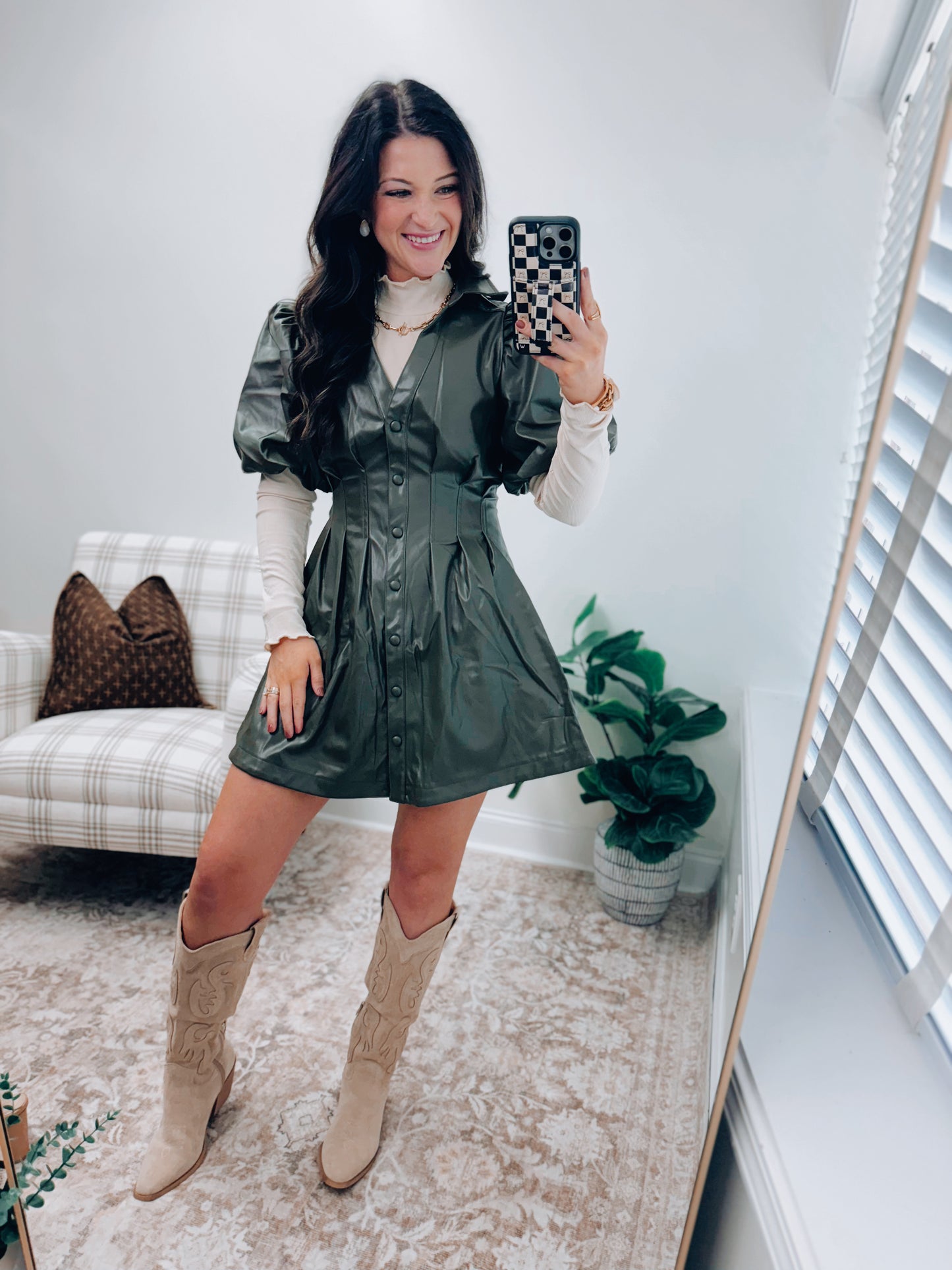 Pleated Faux Leather Olive Mini Dress