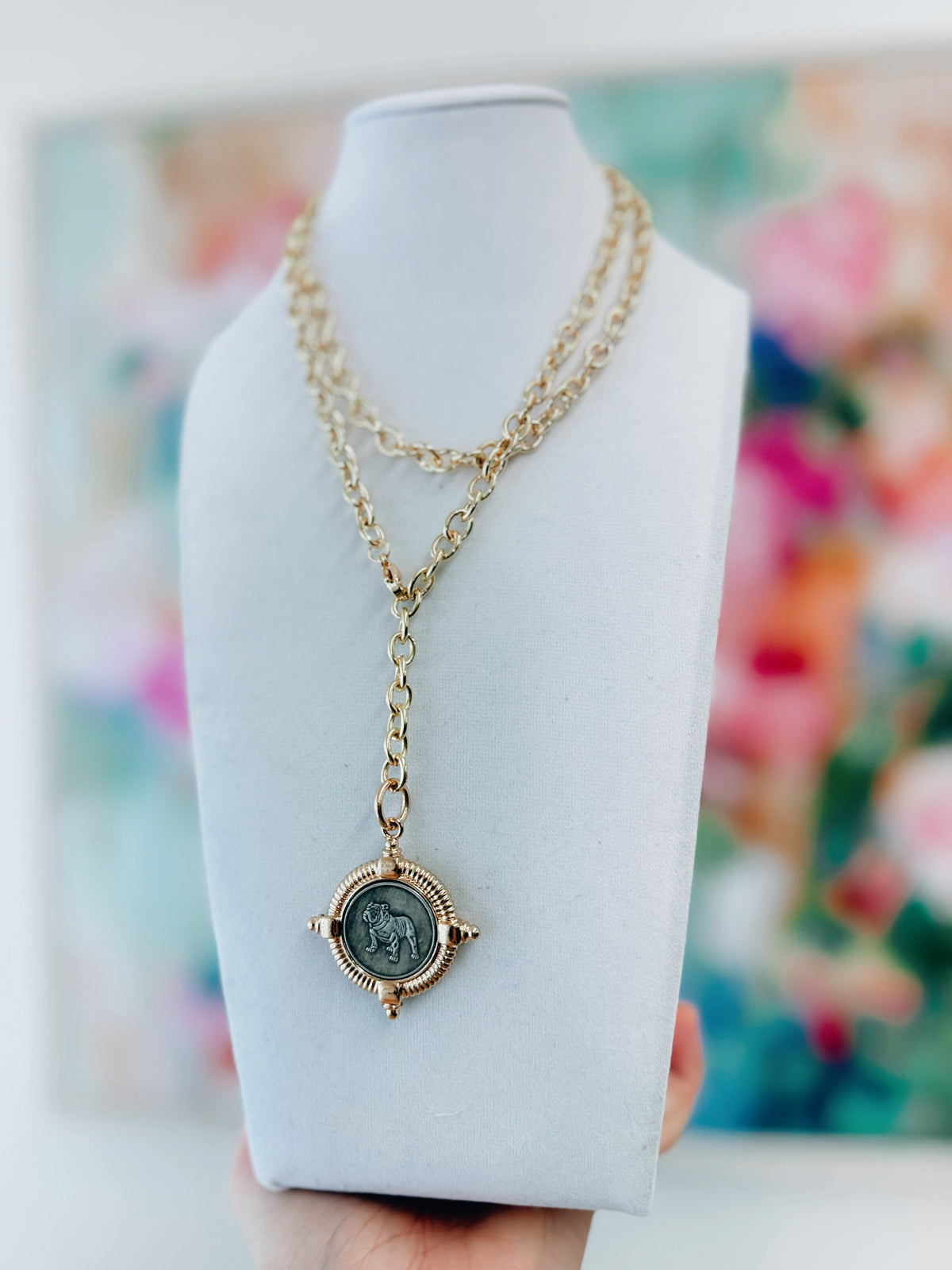 Bulldog Bezel Gold Coin Drop Necklace
