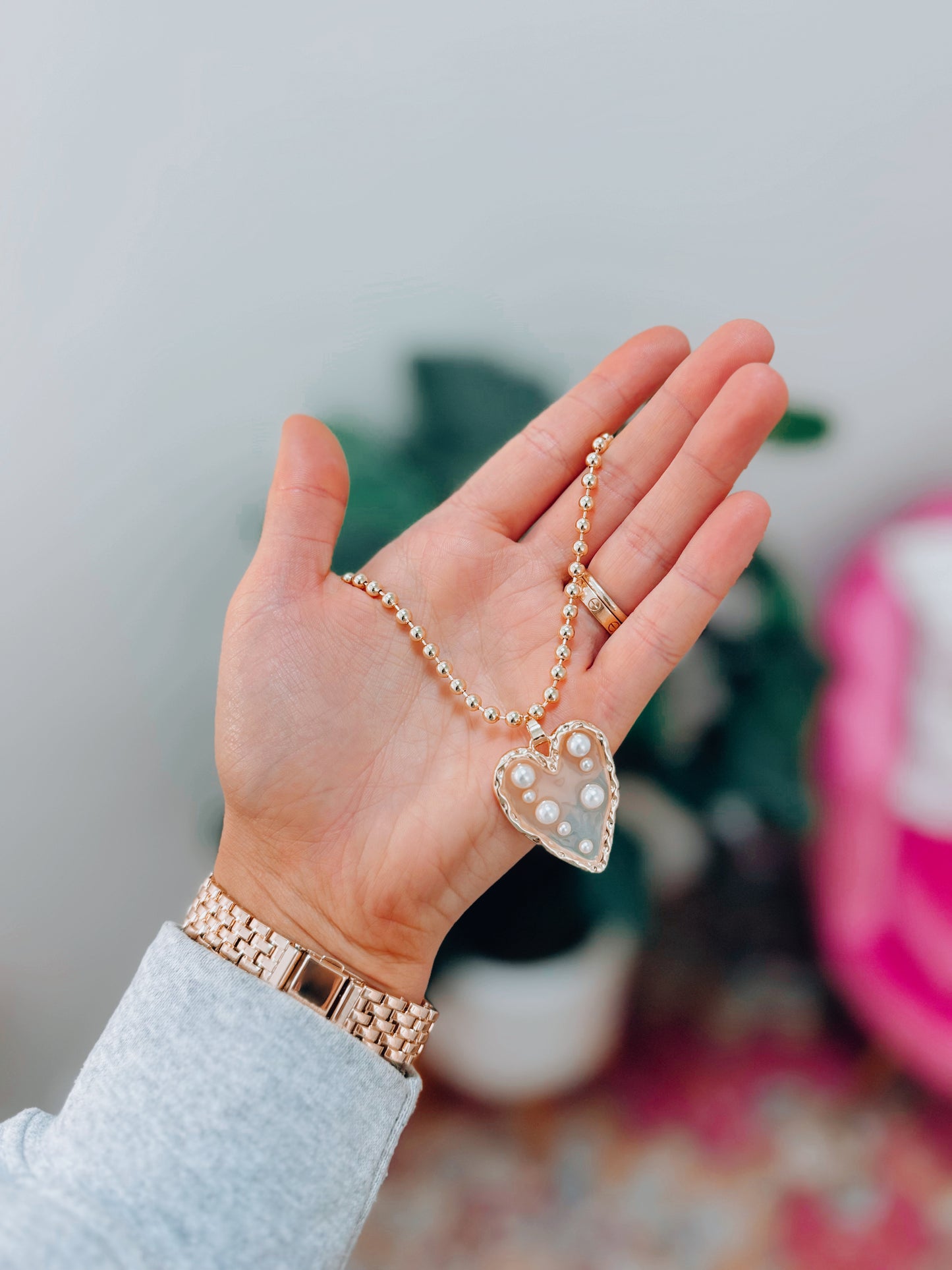 Gold Pearl Heart Necklace