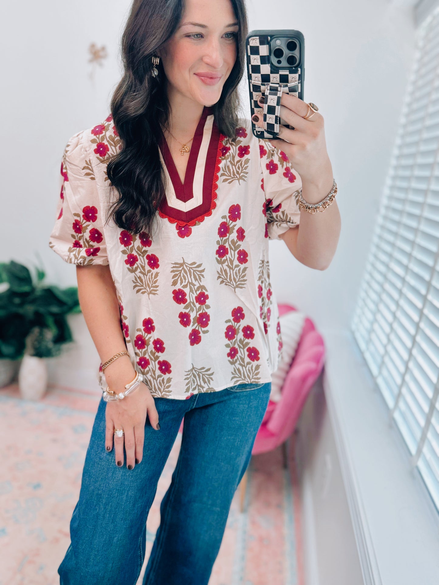 Ecru Floral Maroon Scallop Top