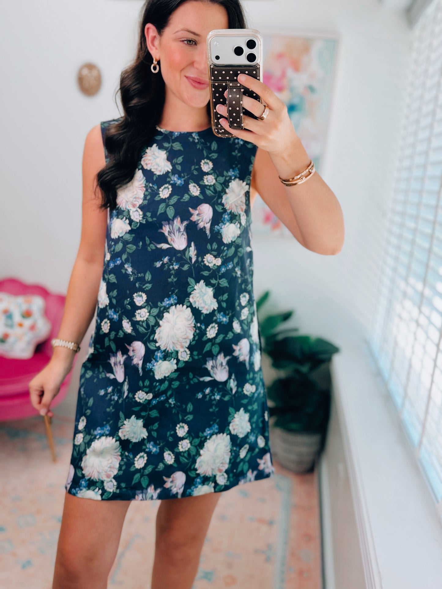 Navy Floral Mix Denim Dress