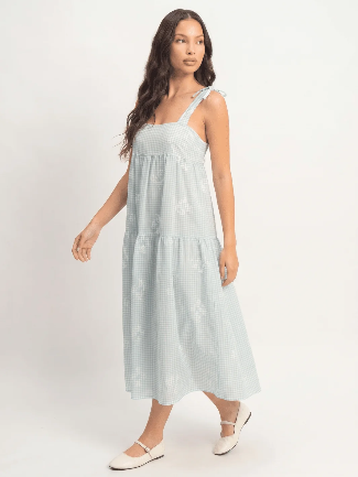 Tiered Embroidered Gingham Midi Dress - Blue