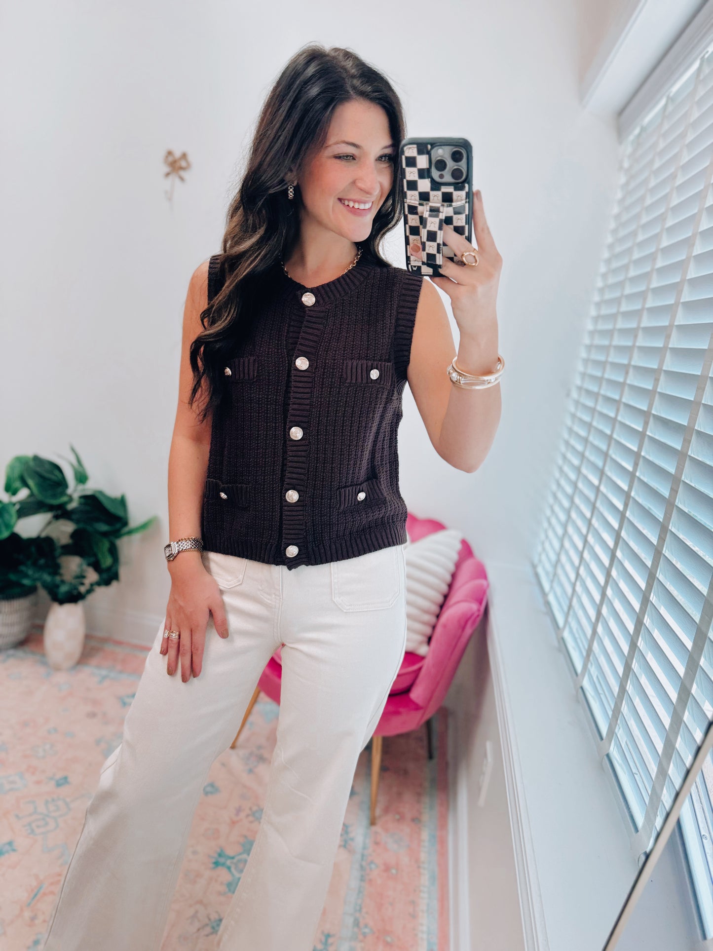 Chocolate Knit Gold Button Sweater Top