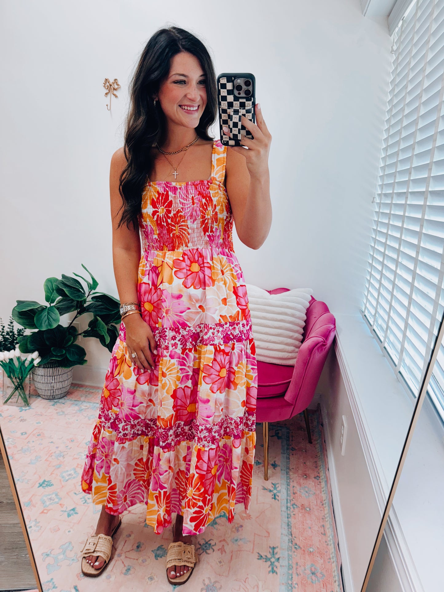 Golden Hour Floral Smocked Midi Dress