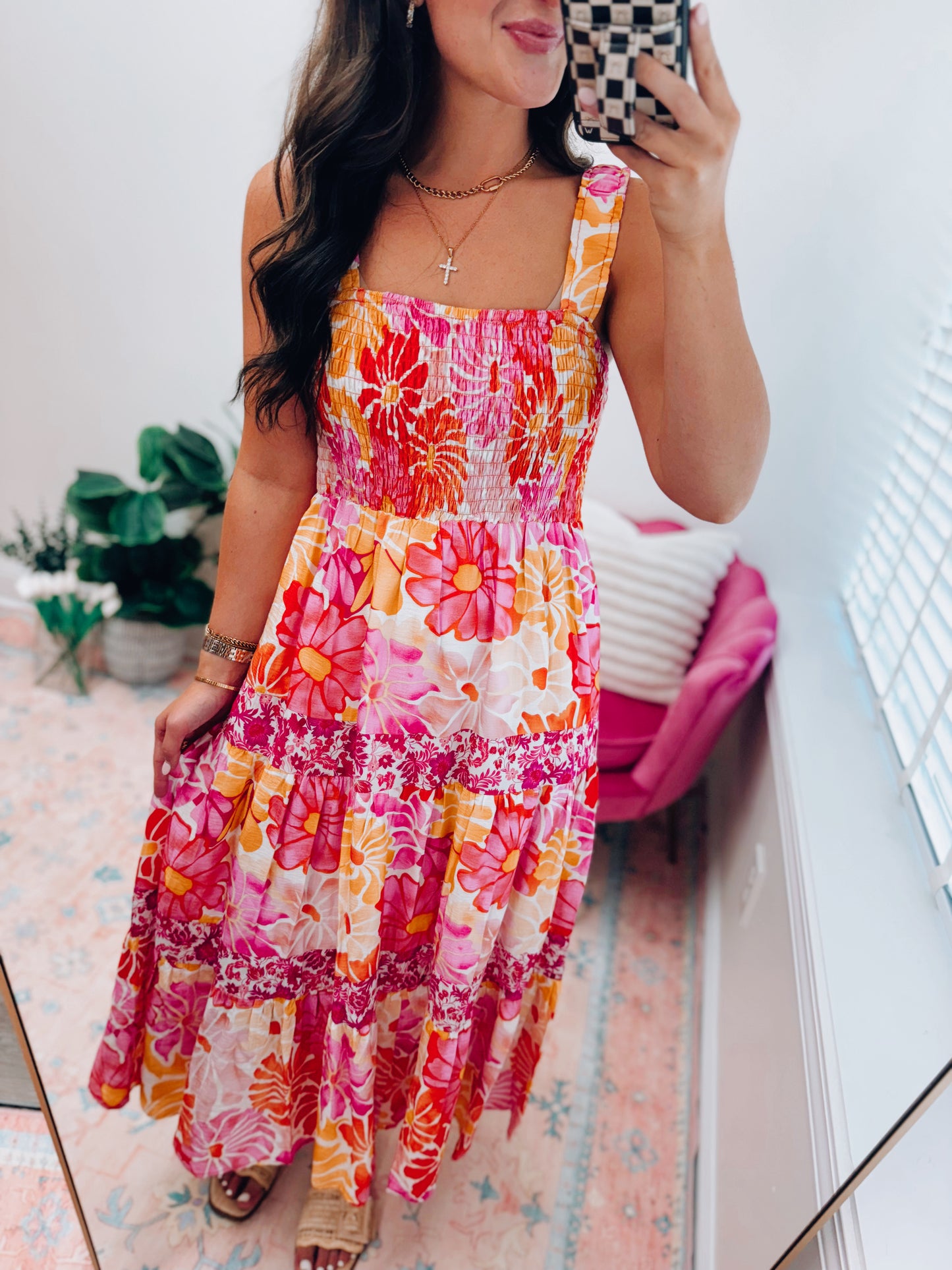 Golden Hour Floral Smocked Midi Dress