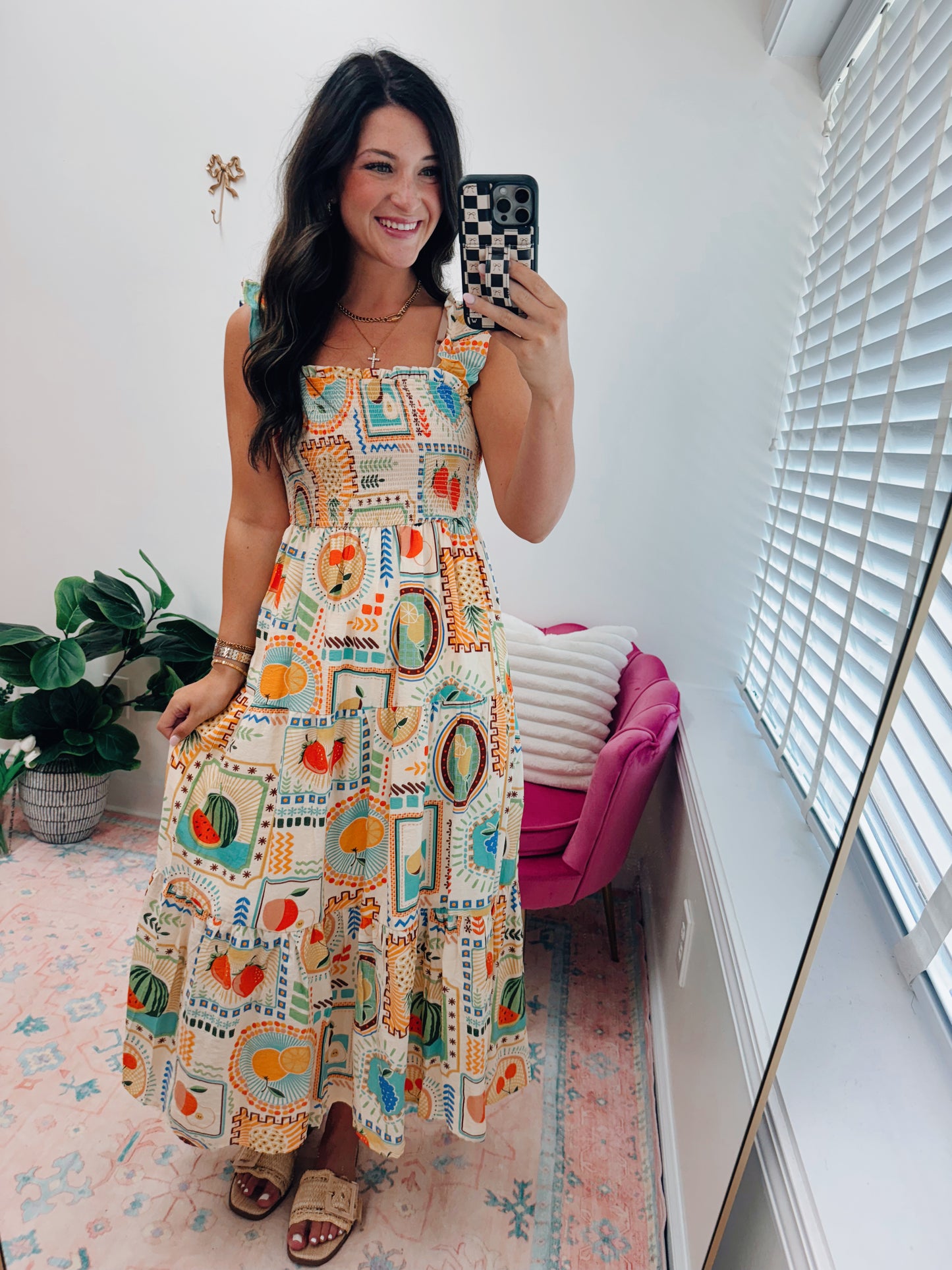 Golden Fruit Stand Smocked Midi Dress
