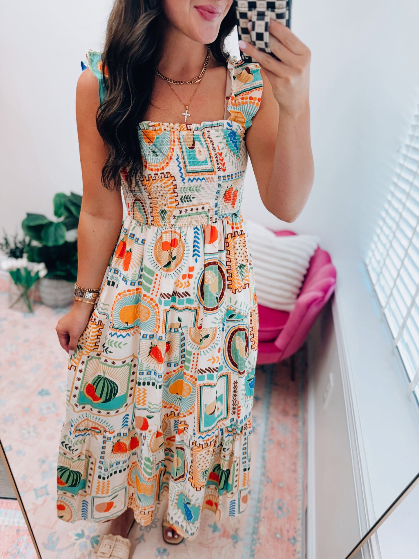 Golden Fruit Stand Smocked Midi Dress