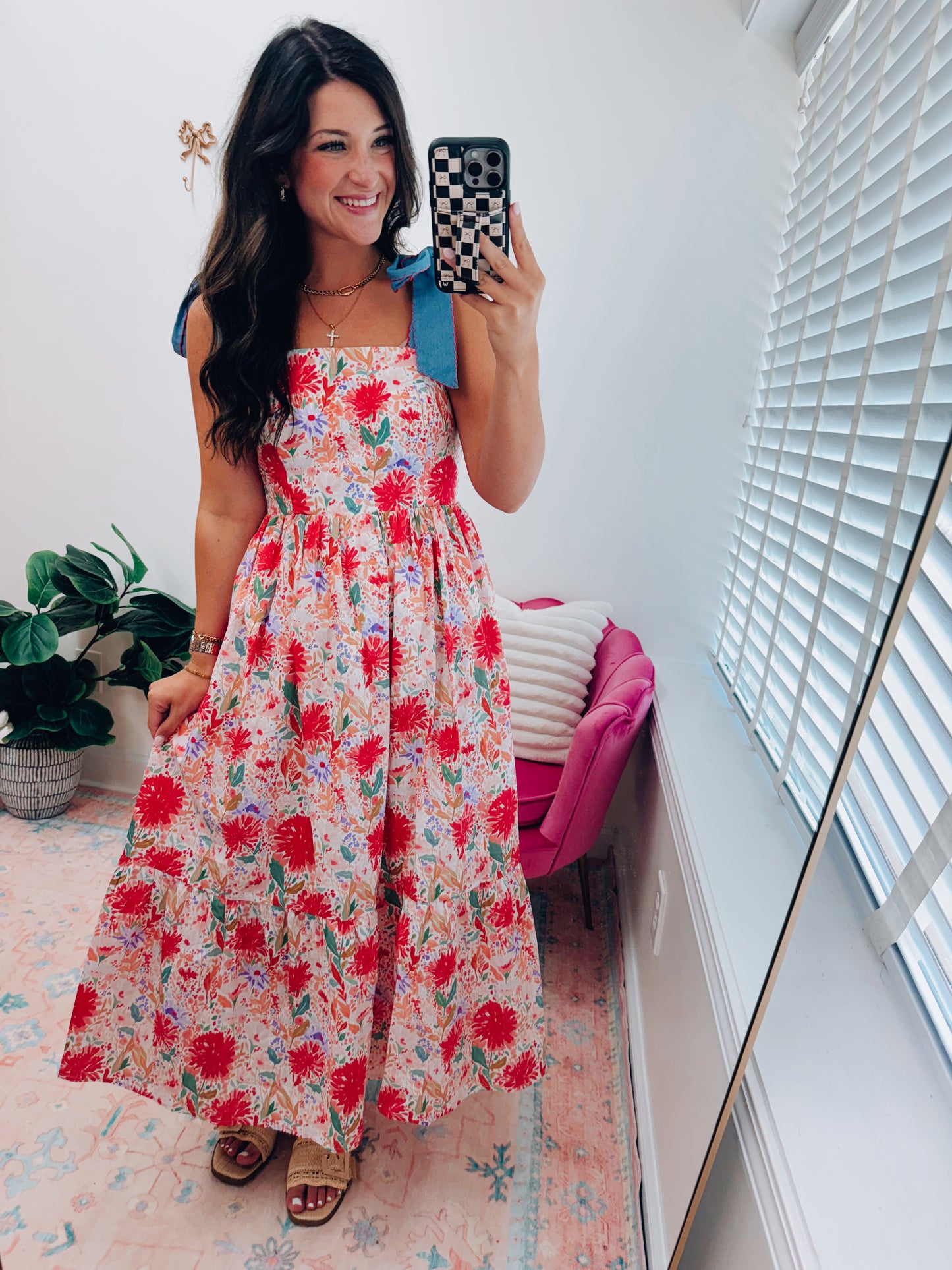 Denim Tie Floral Babydoll Maxi Dress