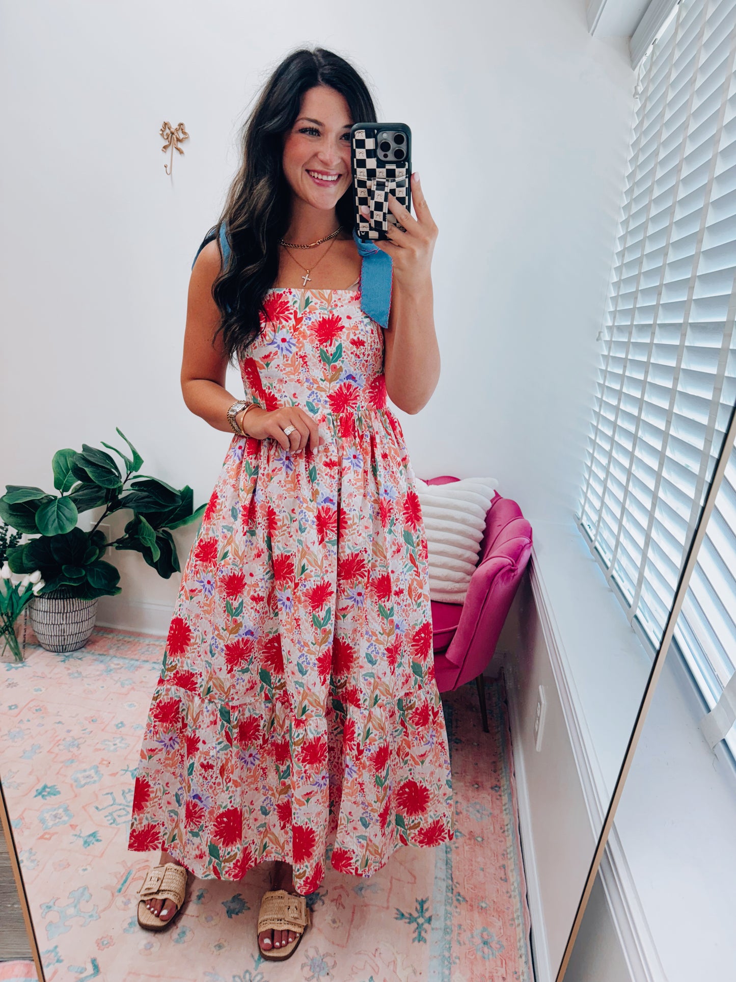Denim Tie Floral Babydoll Maxi Dress