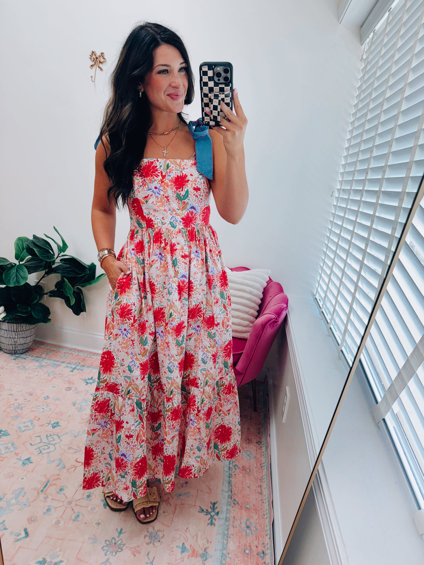 Denim Tie Floral Babydoll Maxi Dress
