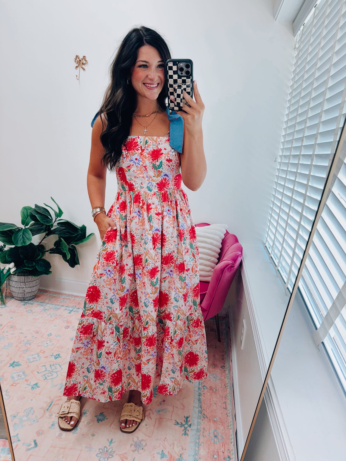 Denim Tie Floral Babydoll Maxi Dress