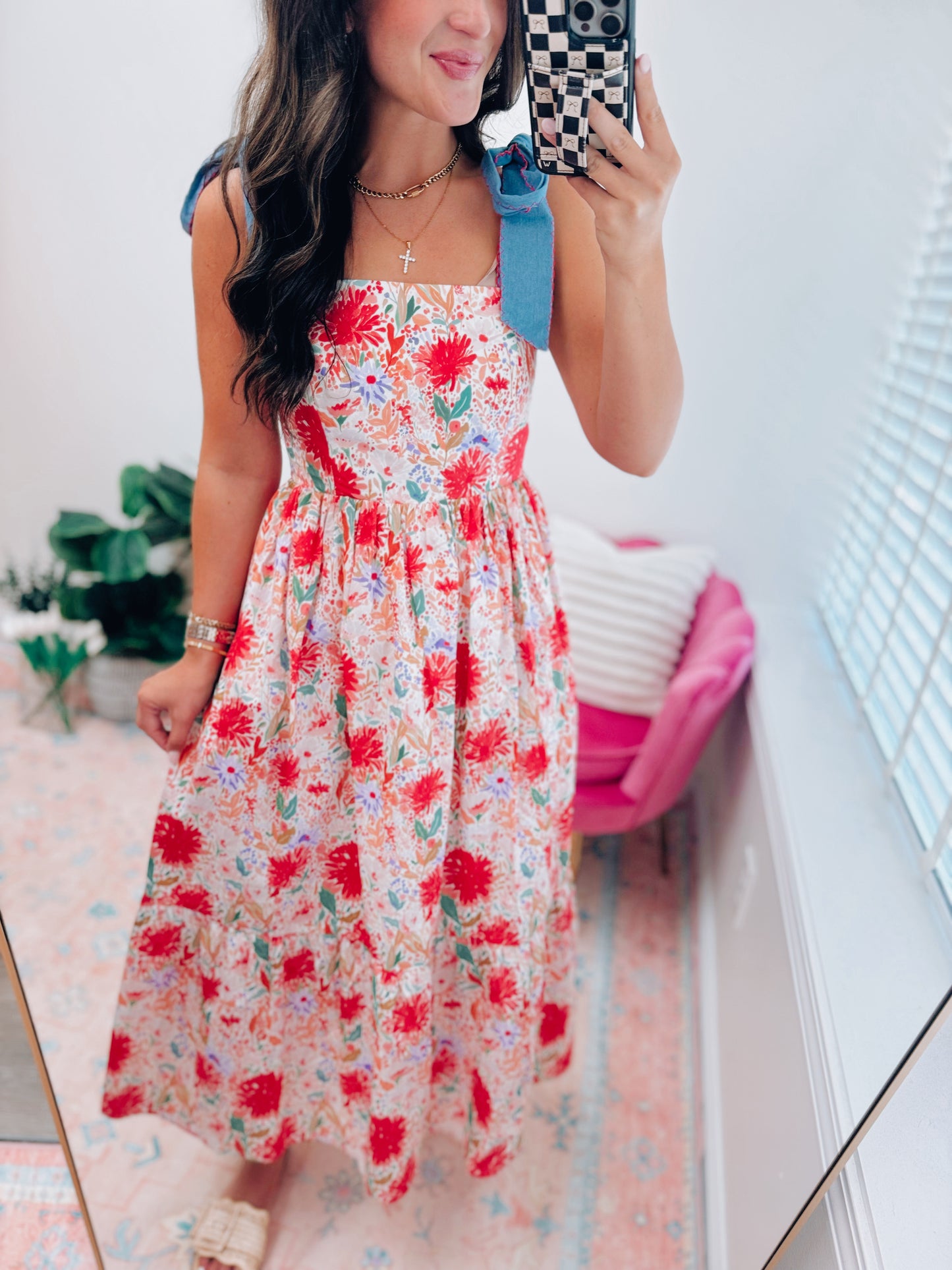 Denim Tie Floral Babydoll Maxi Dress