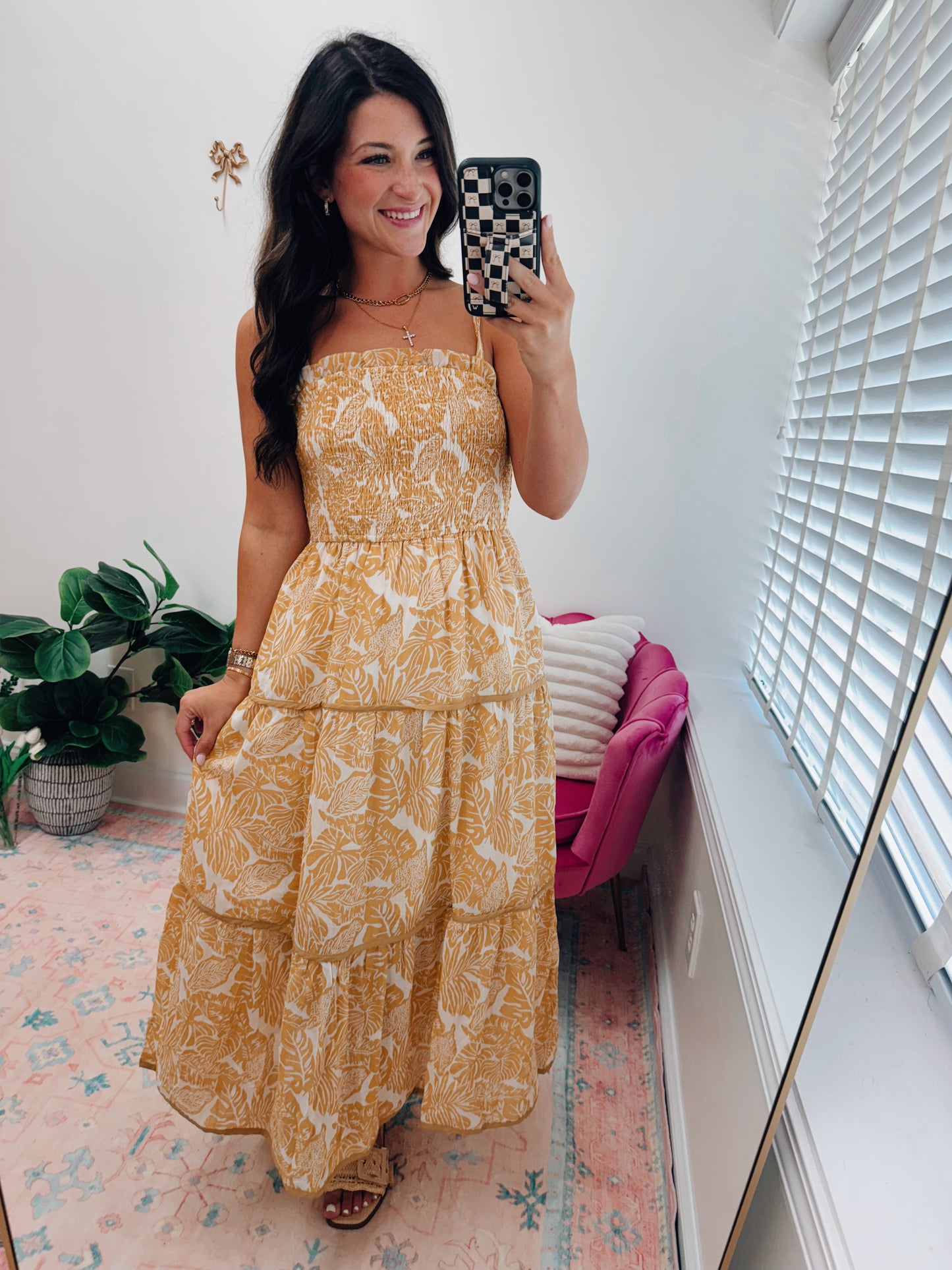 Mustard Palm Smocked Midi Dress