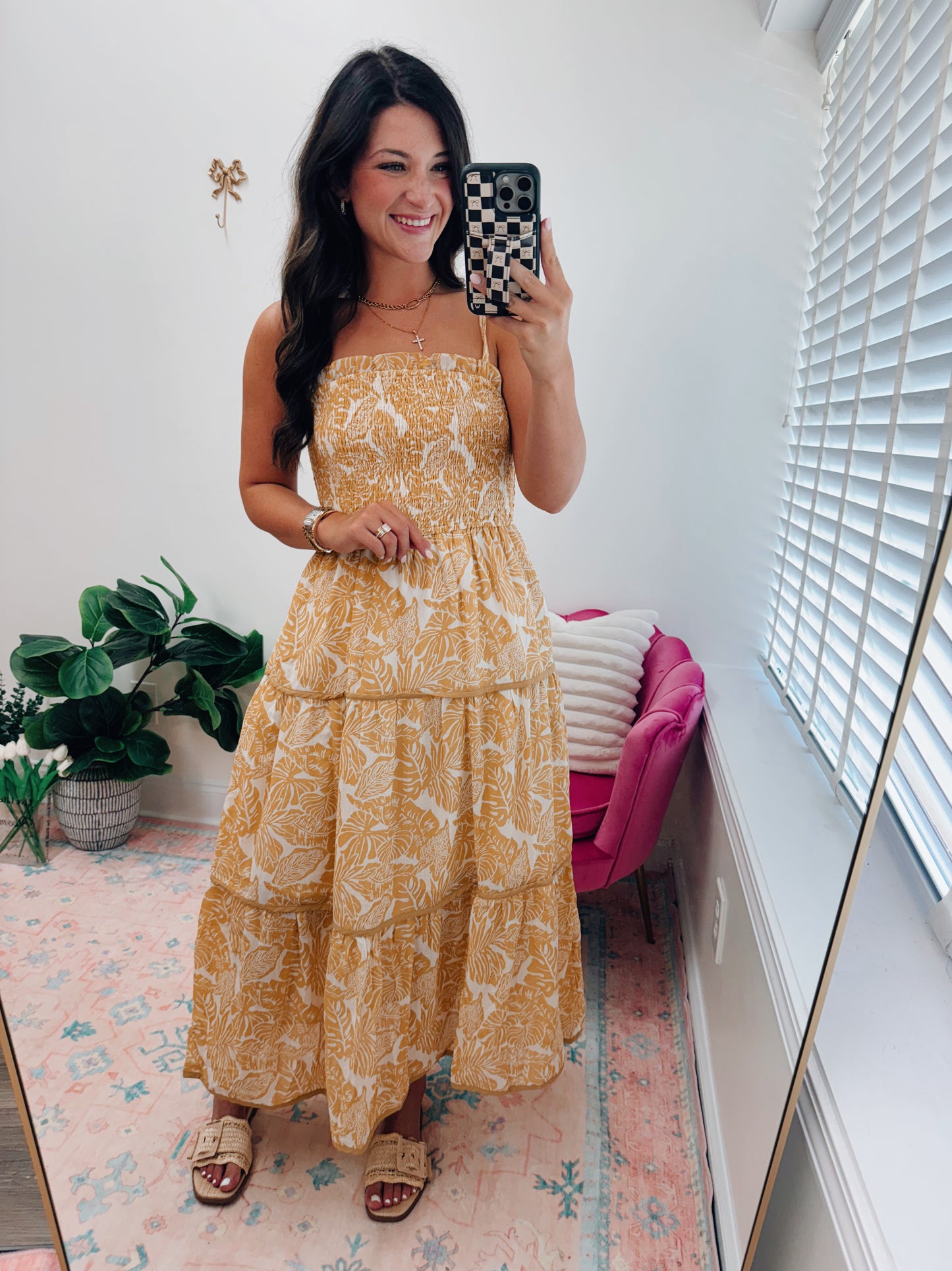 Mustard Palm Smocked Midi Dress