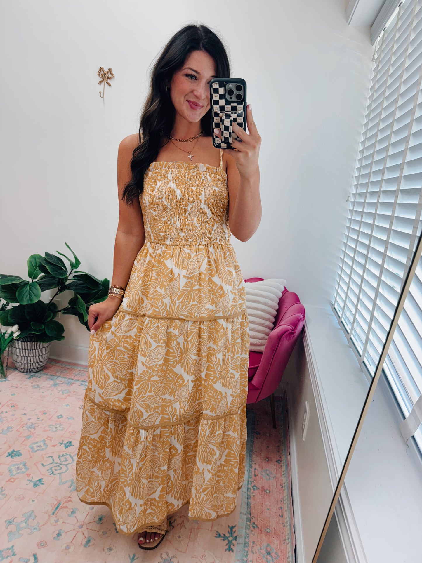 Mustard Palm Smocked Midi Dress