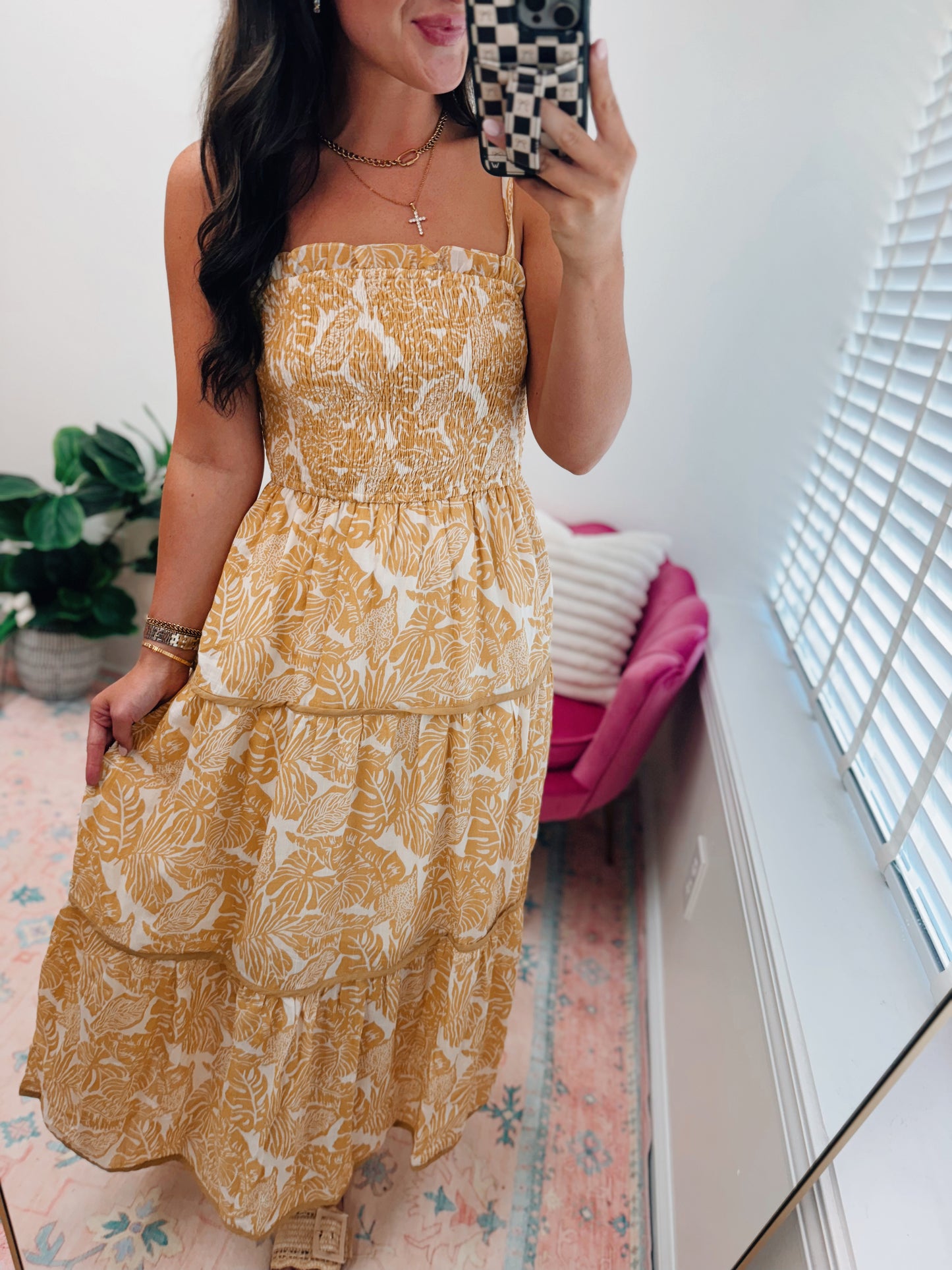 Mustard Palm Smocked Midi Dress