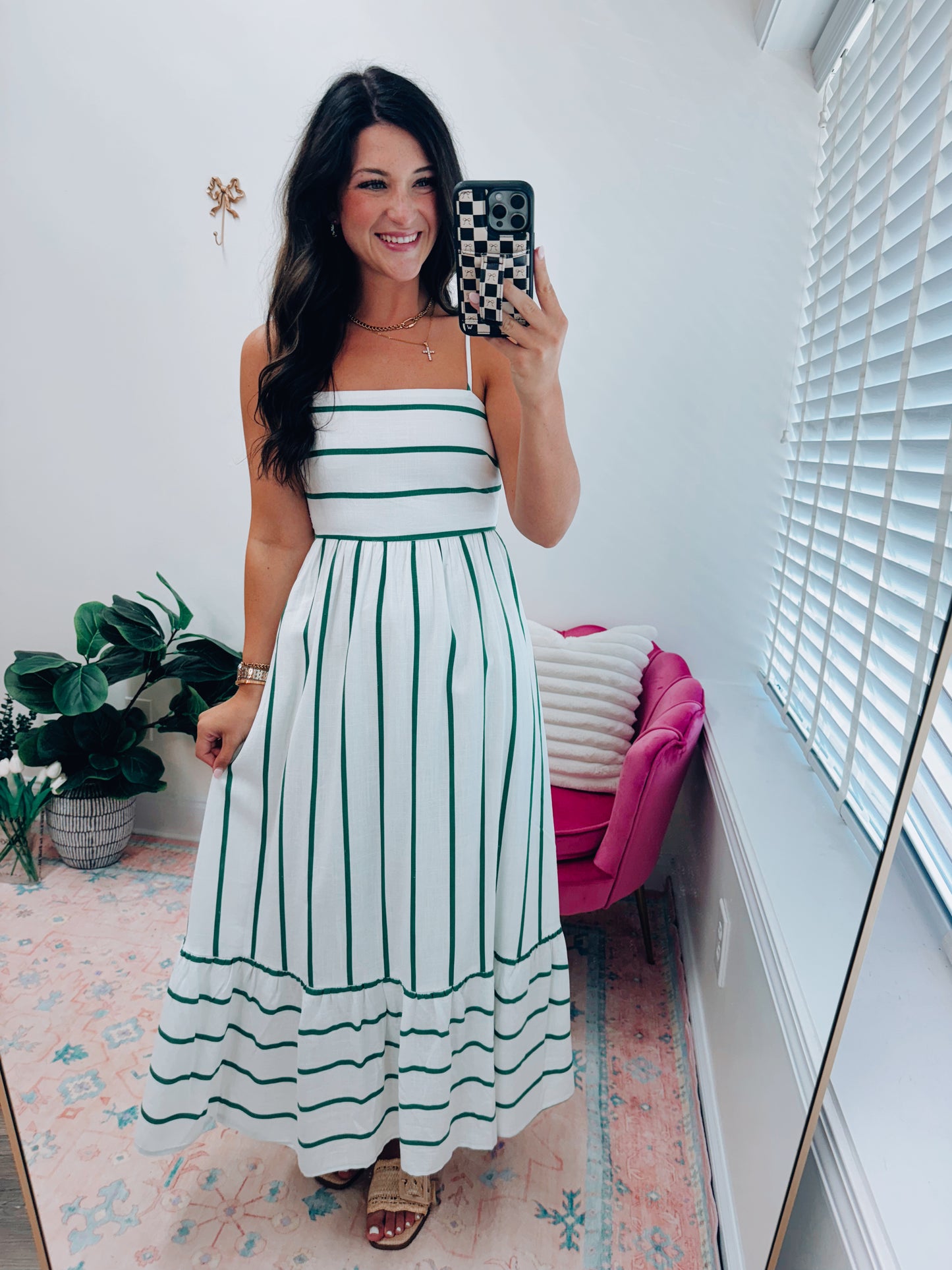 Striped Linen Smocked Open Back Maxi Dress