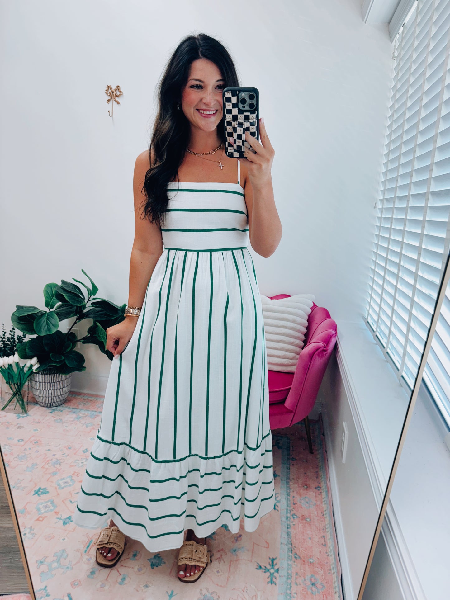 Striped Linen Smocked Open Back Maxi Dress