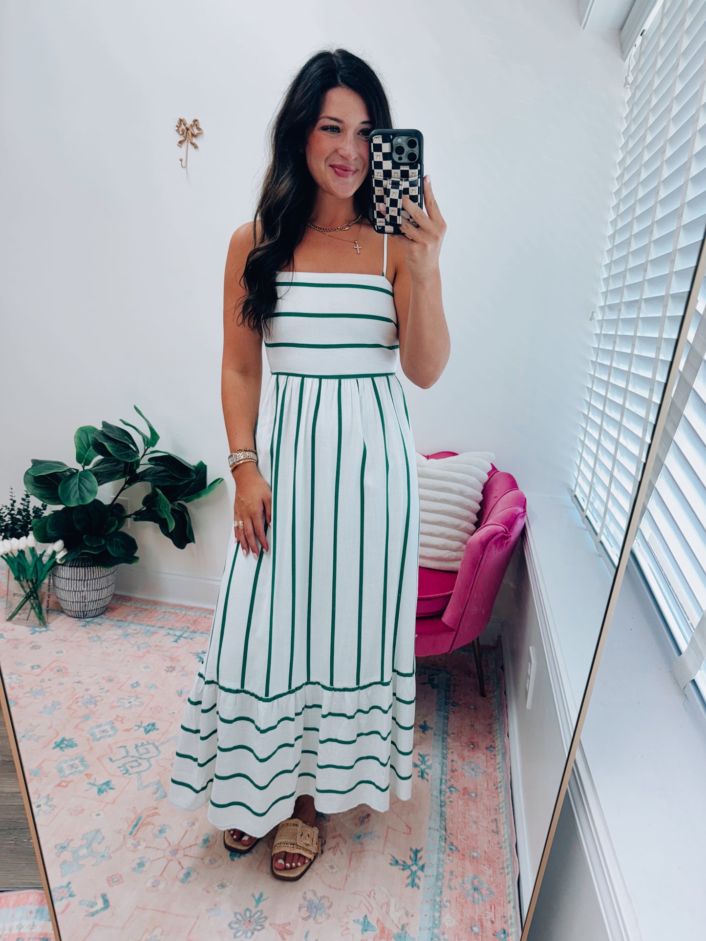 Striped Linen Smocked Open Back Maxi Dress