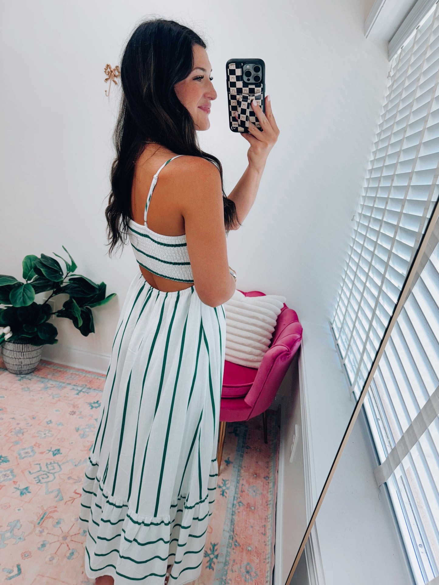 Striped Linen Smocked Open Back Maxi Dress