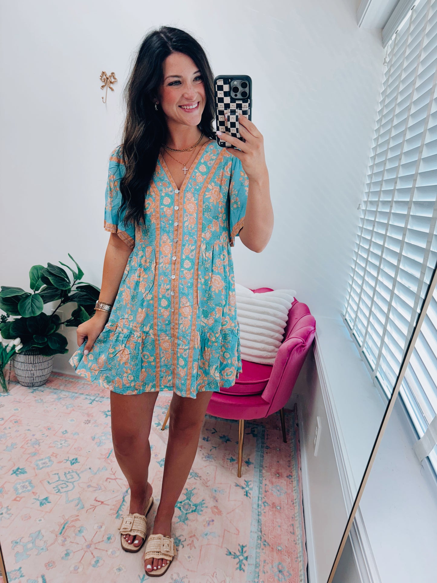 Shirring Printed Woven Mini Dress - Blue
