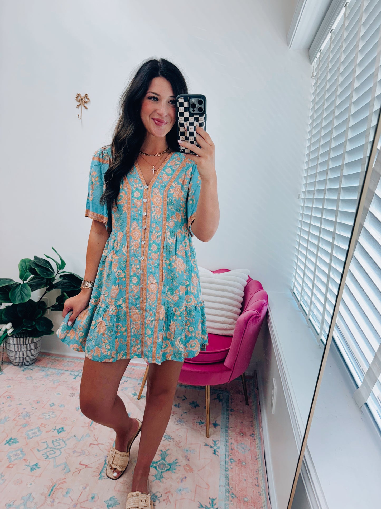 Shirring Printed Woven Mini Dress - Blue