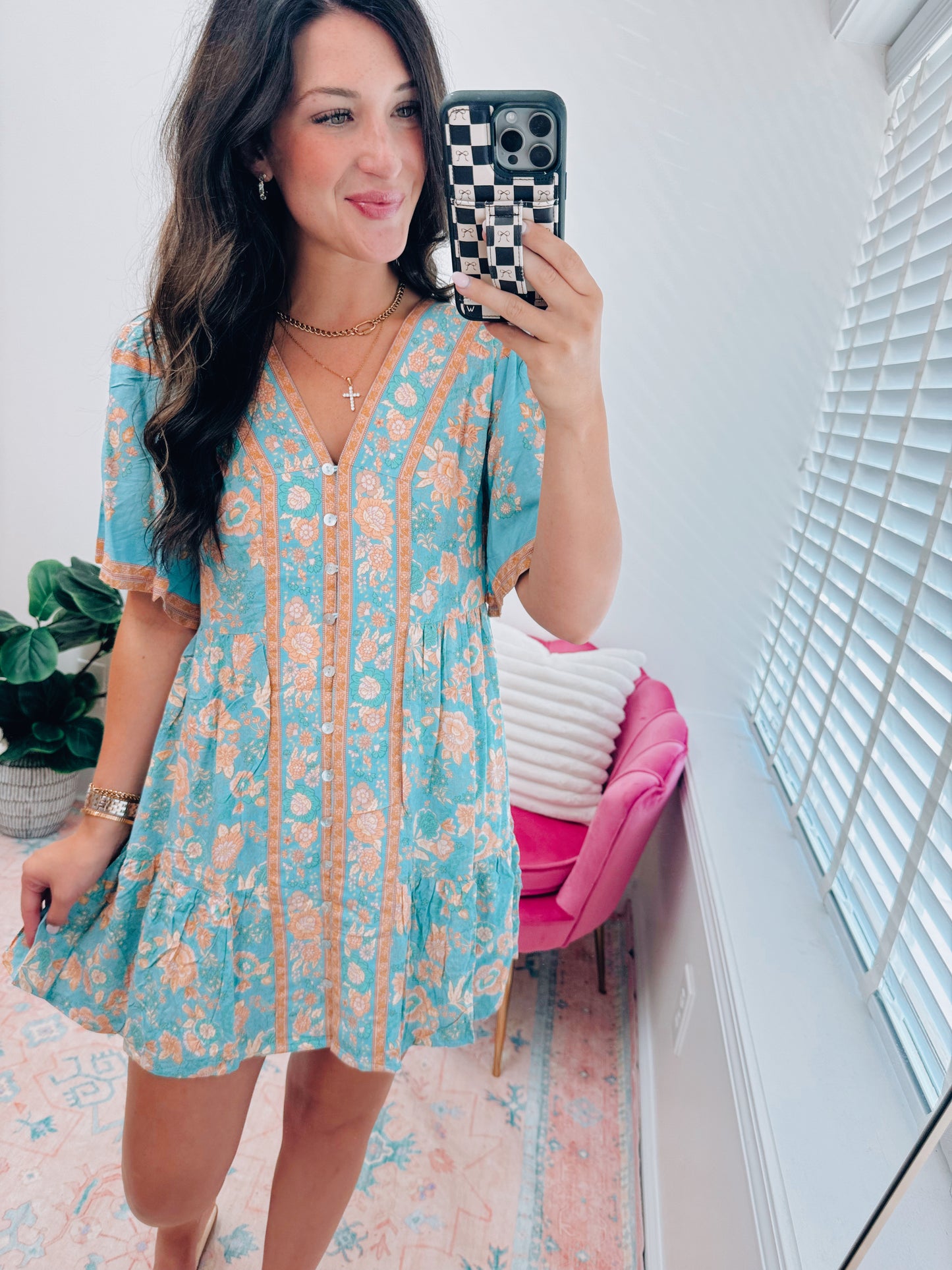 Shirring Printed Woven Mini Dress - Blue