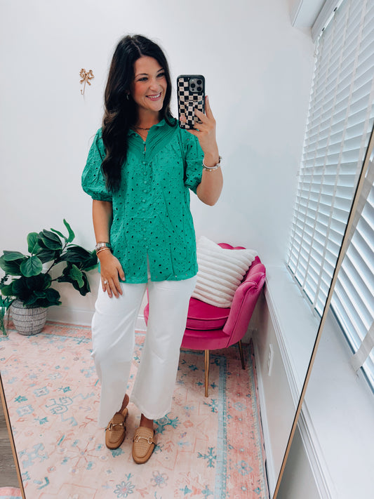 Green Eyelet Button Top