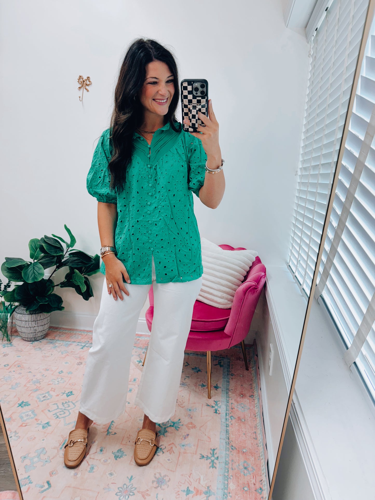 Green Eyelet Button Top