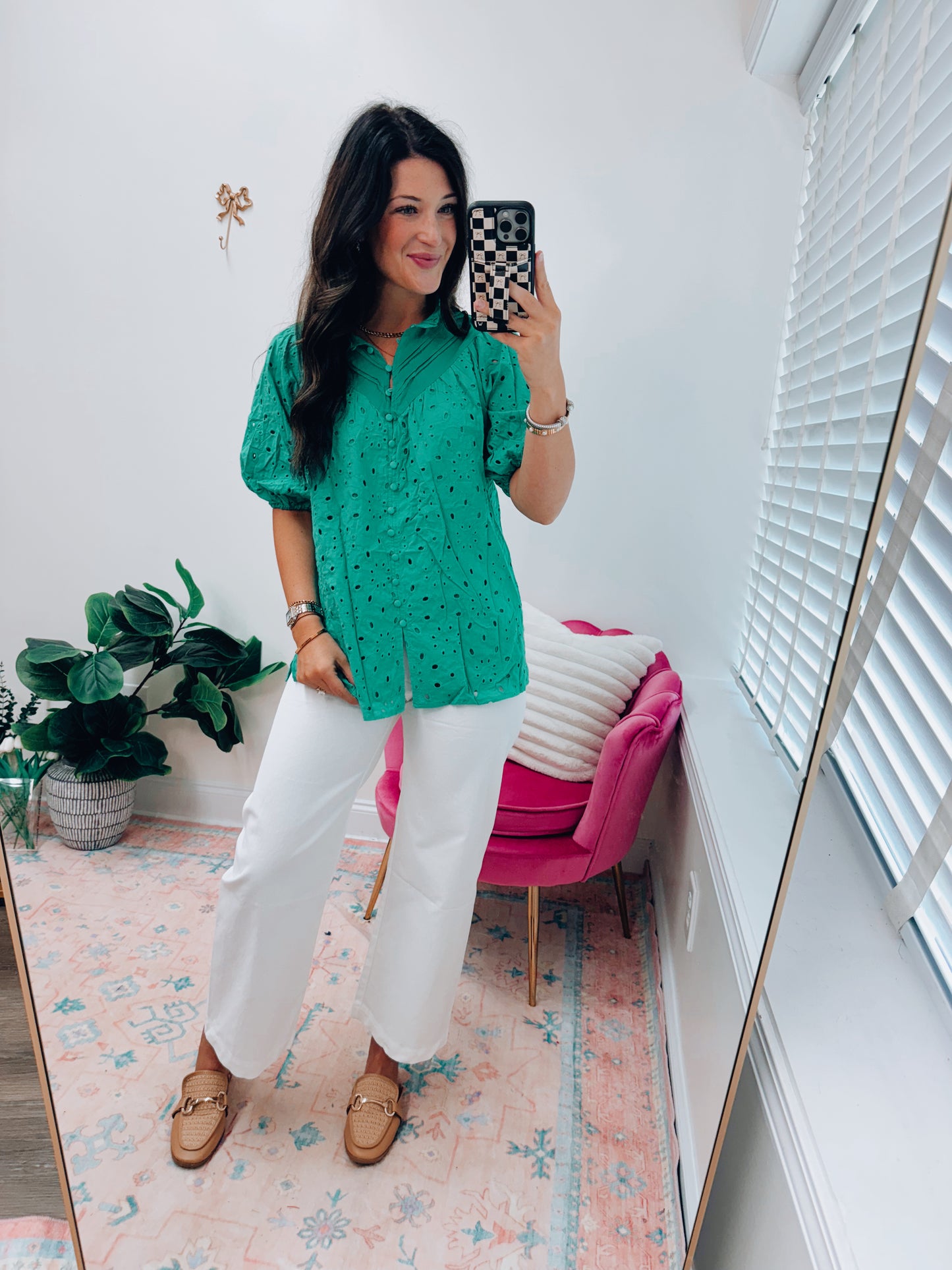 Green Eyelet Button Top
