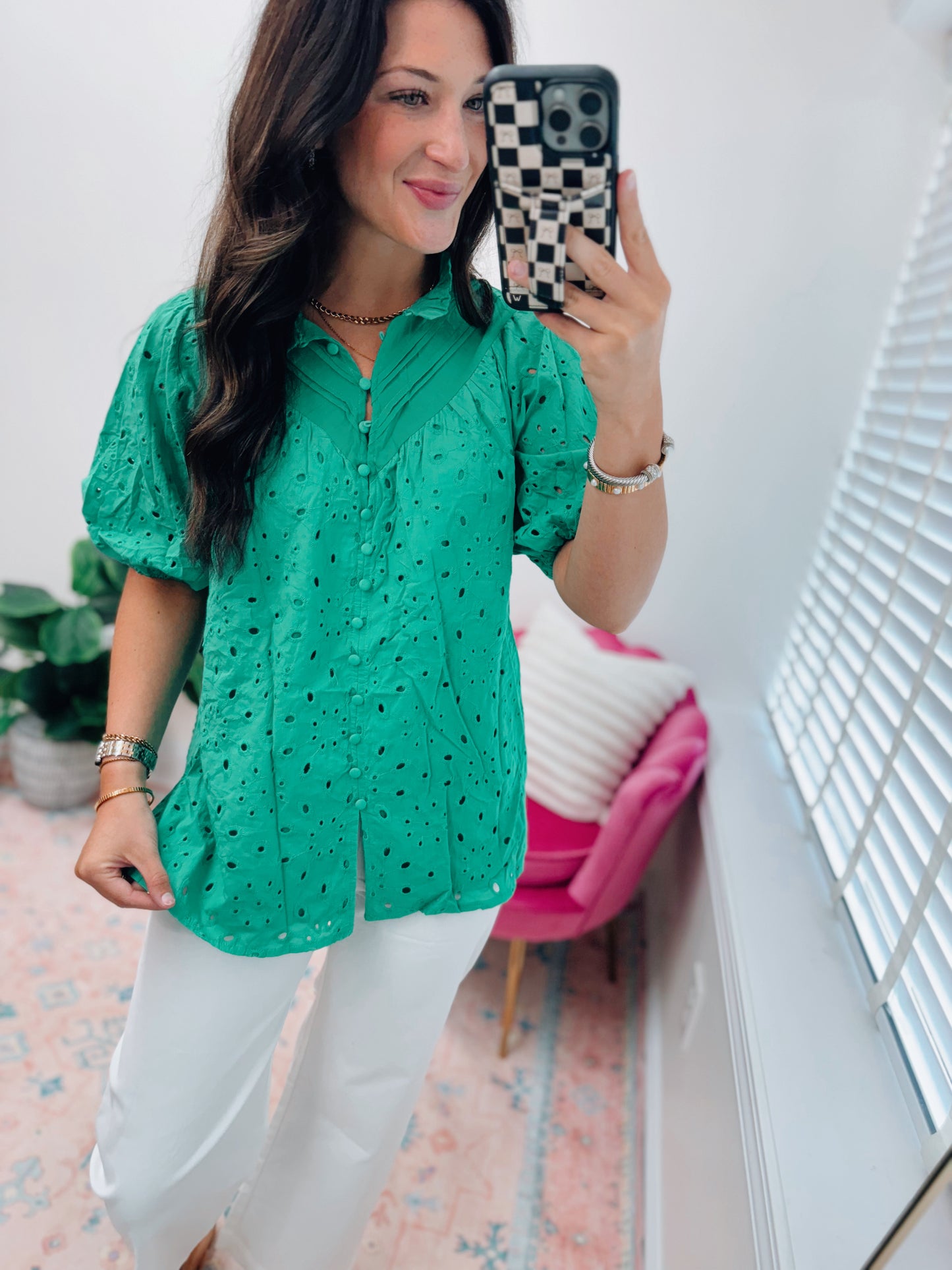 Green Eyelet Button Top