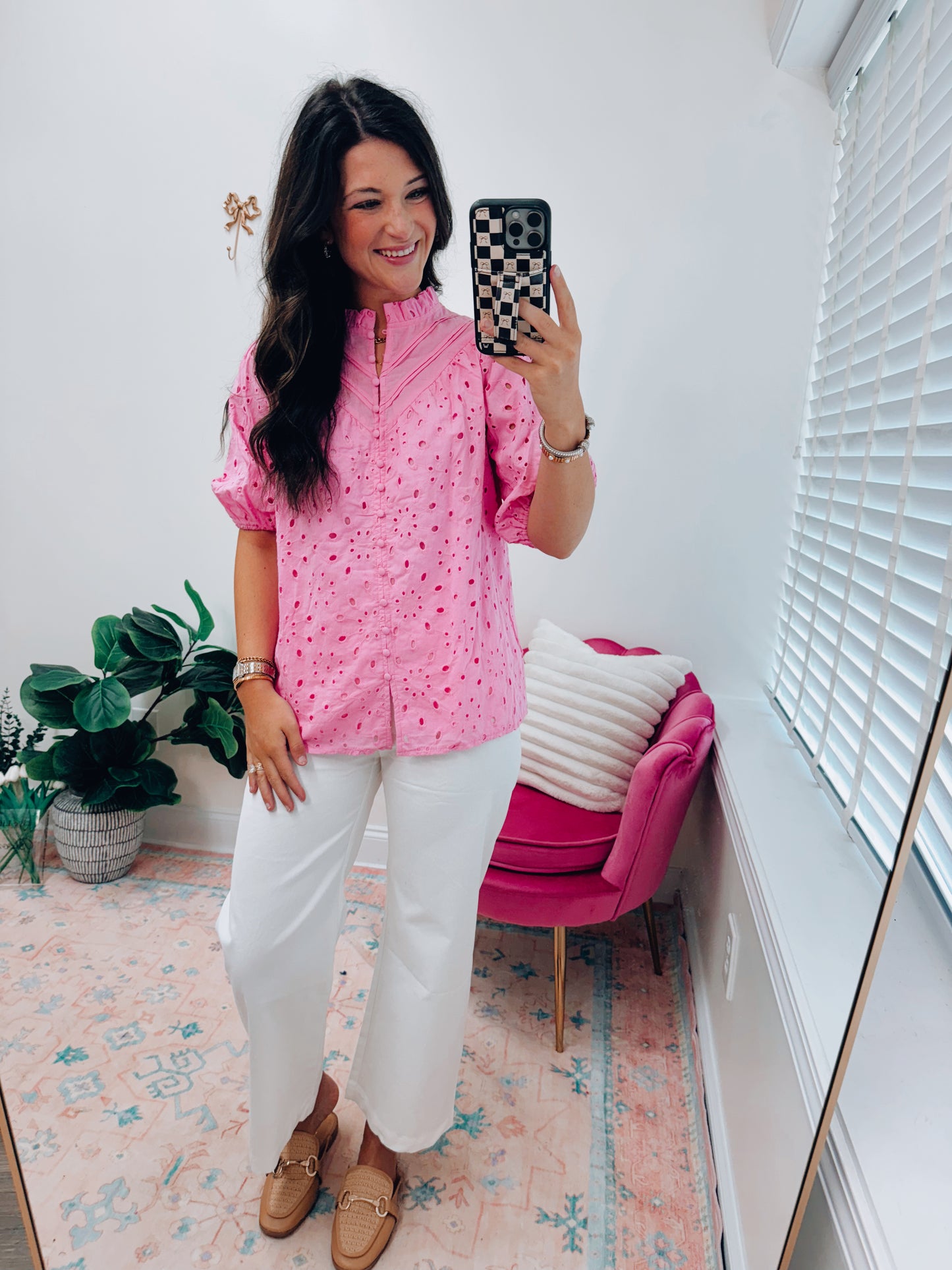 Pink Eyelet Button Top
