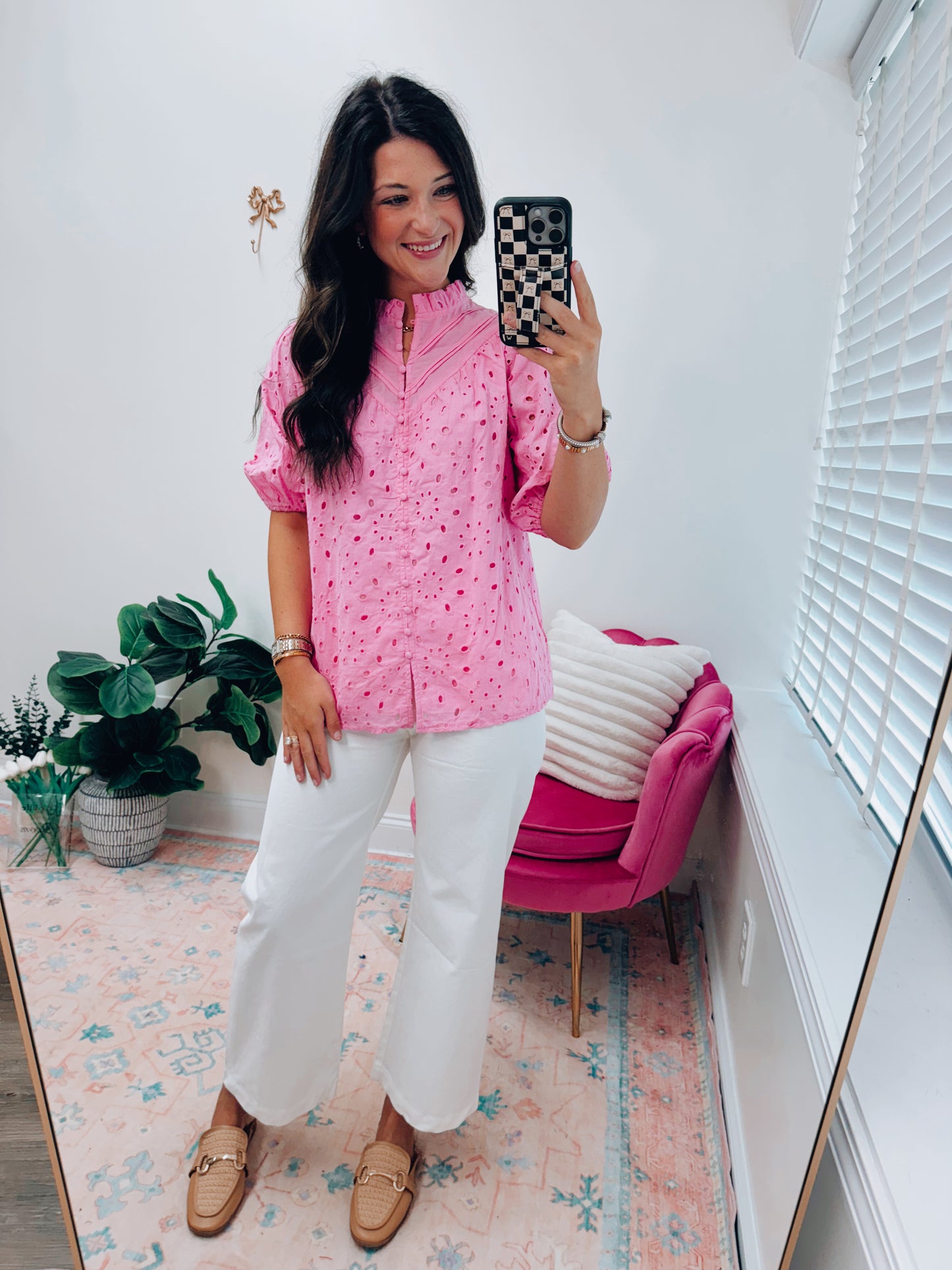 Pink Eyelet Button Top