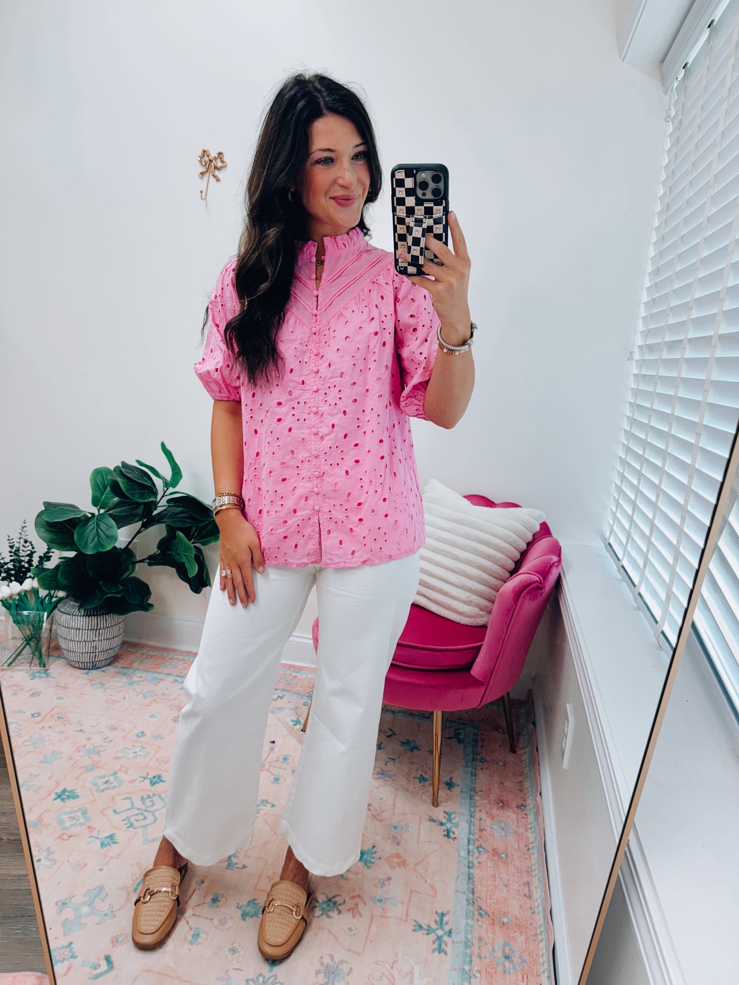 Pink Eyelet Button Top