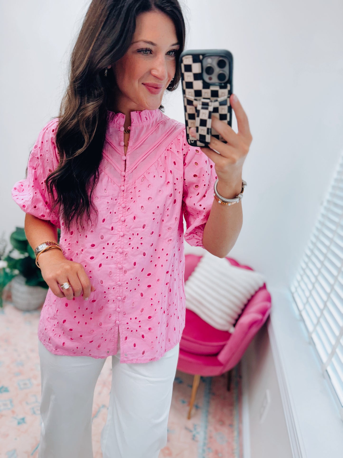 Pink Eyelet Button Top