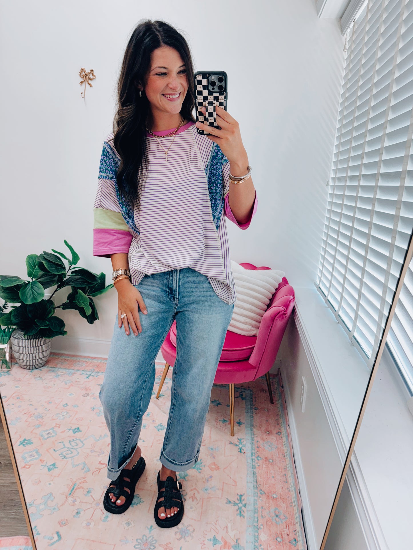 London Striped Floral Colorblock Top