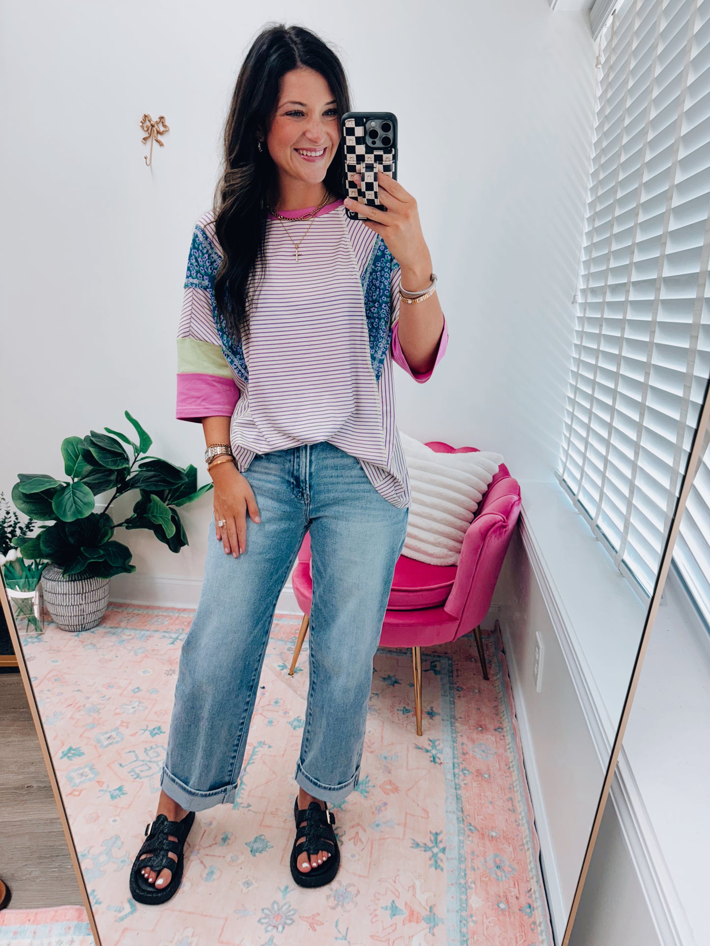 London Striped Floral Colorblock Top