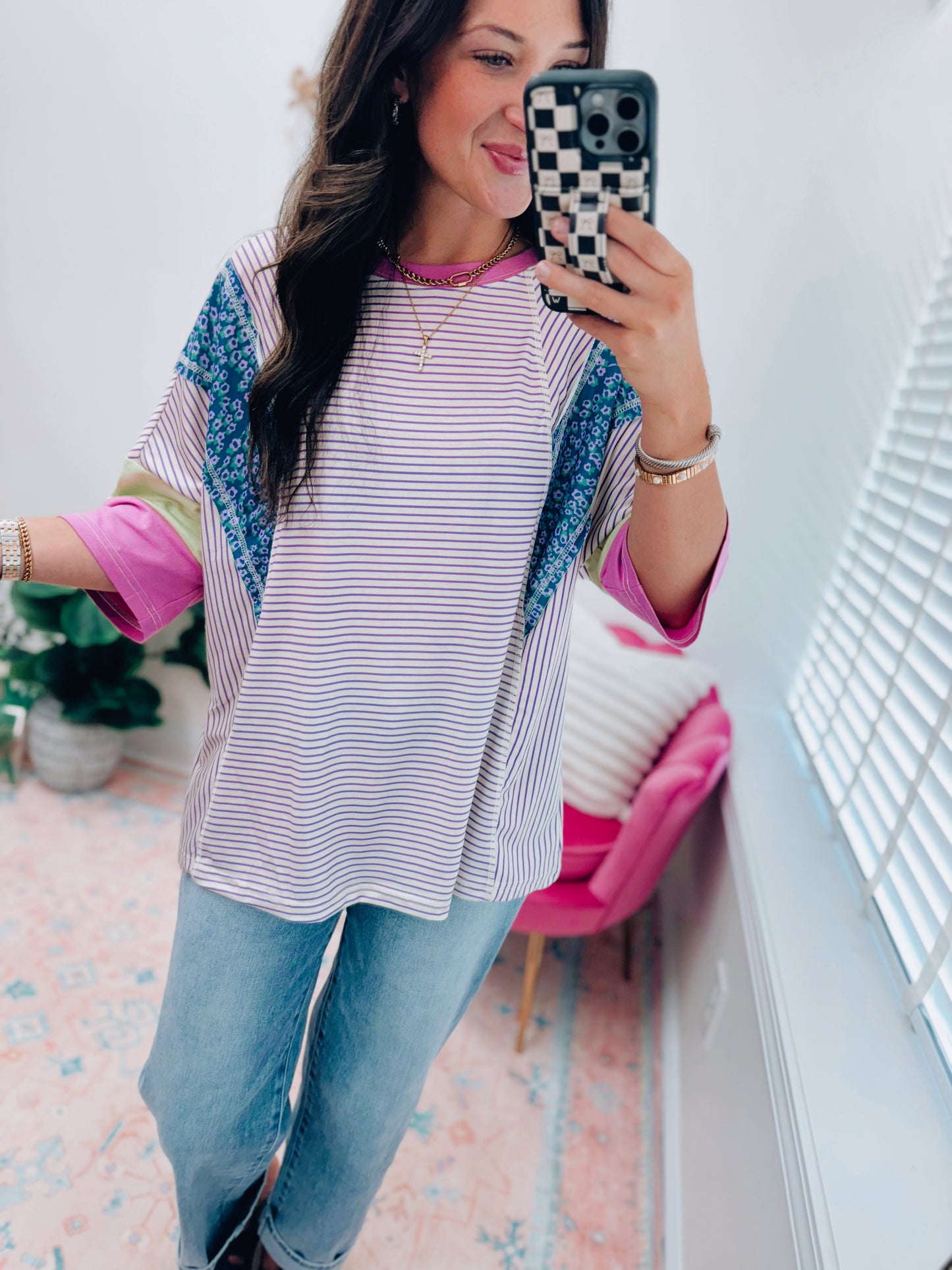 London Striped Floral Colorblock Top