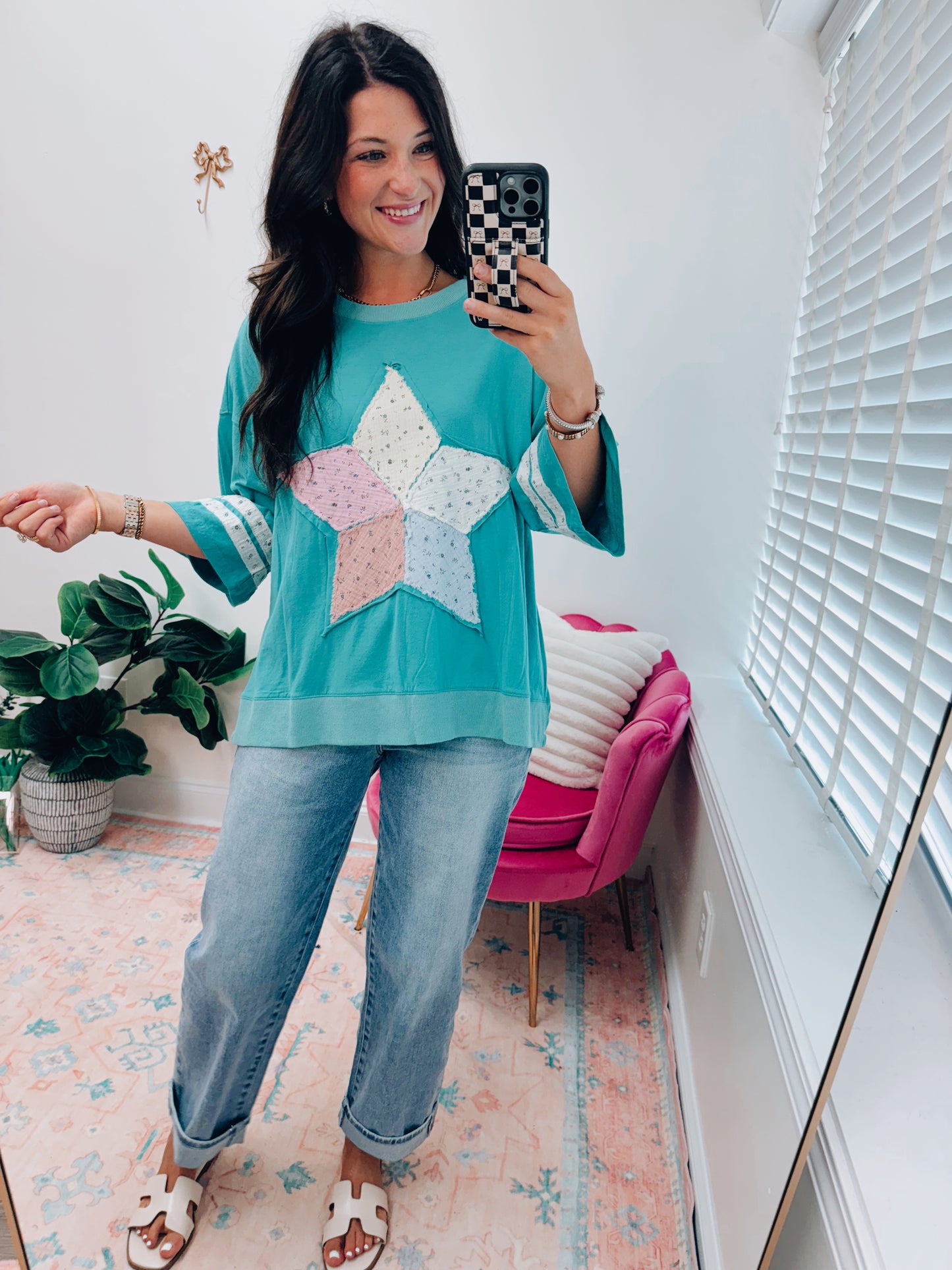 CURVY Floral Patch Work Star Knit Top