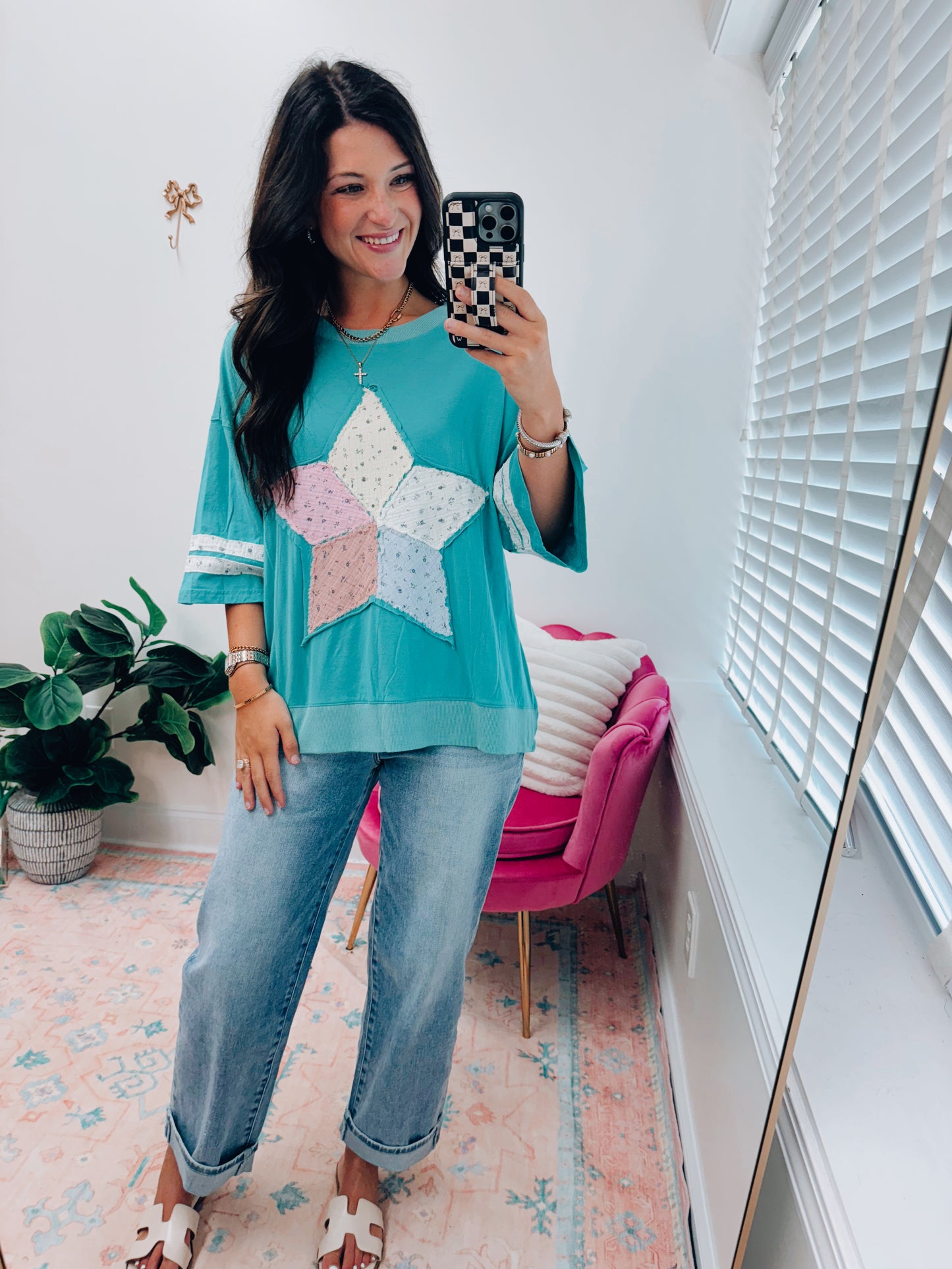 CURVY Floral Patch Work Star Knit Top