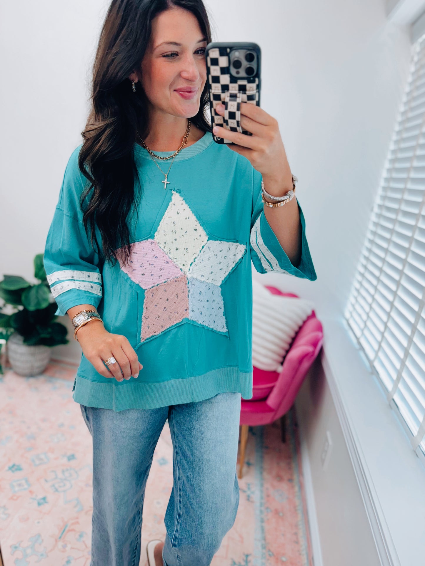CURVY Floral Patch Work Star Knit Top