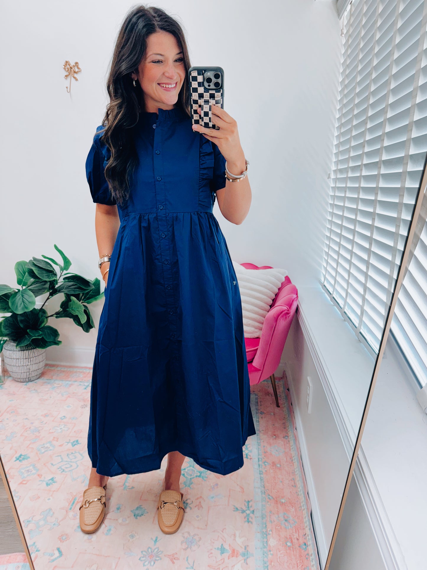 Navy Ruffle Vintage Style Midi Dress