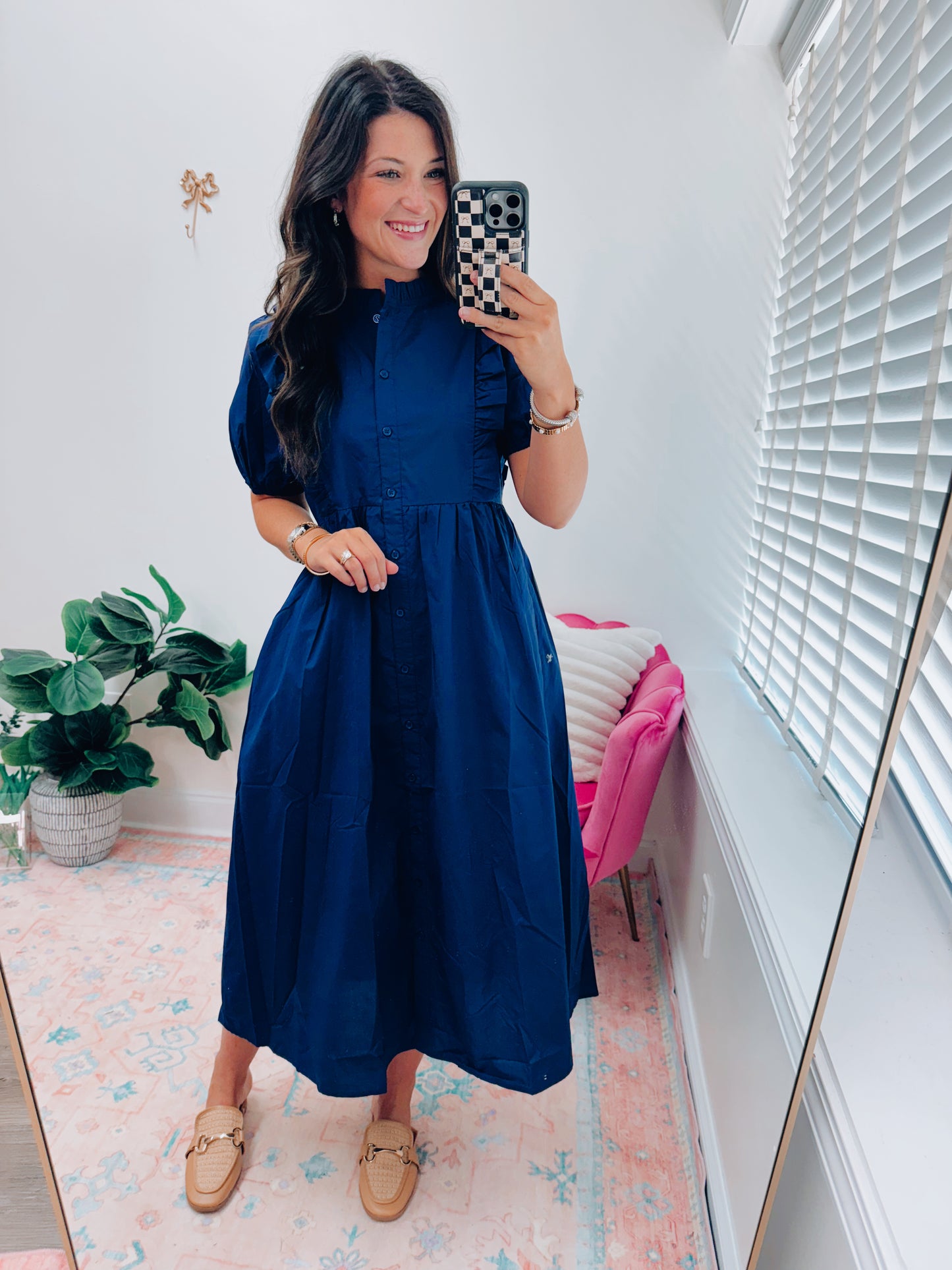 Navy Ruffle Vintage Style Midi Dress