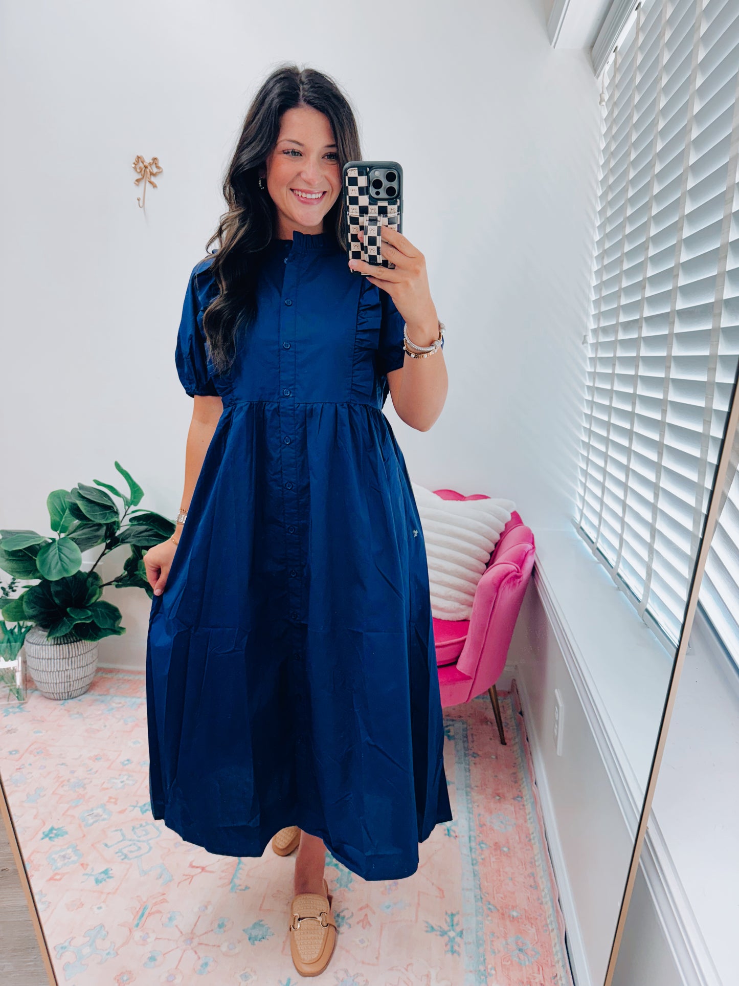 Navy Ruffle Vintage Style Midi Dress