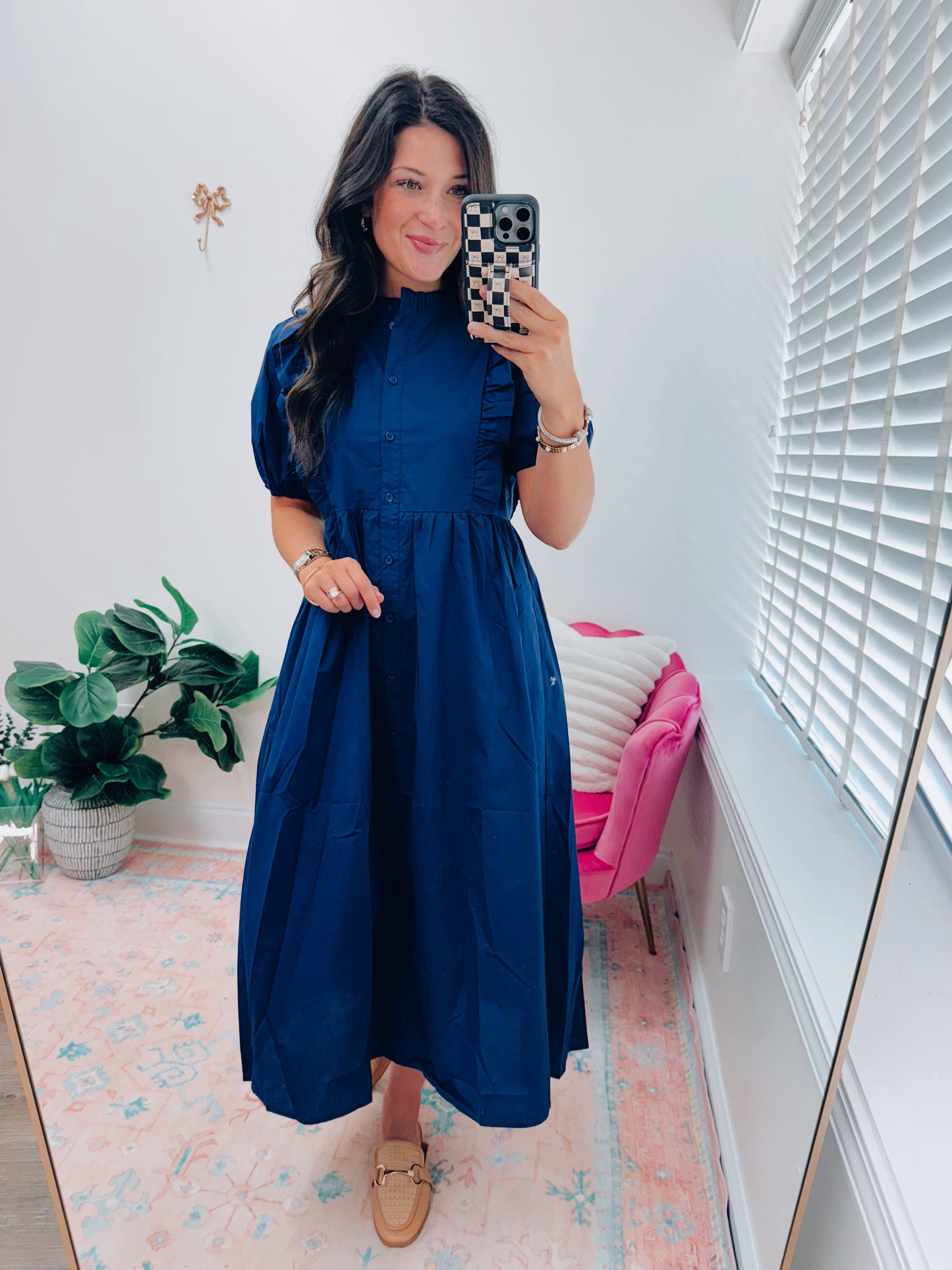 Navy Ruffle Vintage Style Midi Dress